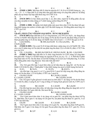 15
A. 3 B. 5 C. 4 D. 2
14. (TSĐH A 2009) Một hợp chất X chứa ba nguyên tố C, H, O có tỉ lệ khối lượng mC : mH
: mO = 21 : 2 : 4. Hợp chất X có công thức đơn giản nhất trùng với công thức phân tử. Số đồng
phân cấu tạo thuộc loại hợp chất thơm ứng với CTPT X là:
A. 5 B. 4 C. 6 D. 3
15. (TSCĐ 2007) Có bao nhiêu ancol bậc 2, no, đơn chức, mạch hở là đồng phân cấu tạo
của nhau mà phân tử chứa chúng có % khối lượng cacbon bằng 68,18%?
A. 3 B. 4 C. 5 D. 2
16. (TSĐH A 2008) Khi phân tích thành phần một ancol đơn chức X thì thu được kết quả:
tổng khối lượng của cacbon và hidro gấp 3.625 lần khối lượng oxi. Số đồng phân ancol ứng với
CTPT của X là:
A. 3 B. 4 C. 2 D. 1
Vấn đề 2. PHẢN ỨNG VỚI KIM LOẠI KIỀM – DUNG DỊCH KIỀM
17. (TSCĐ 2007) Hợp chất hữu cơ X có vòng benzene, có CTPT là C7H8O2 , tác dụng được
với Na và NaOH. Biết rằng khi cho X tác dụng với Na dư thì số mol H2 thu được bằng số mol X
tham gia phản ứng và X chỉ tác dụng với NaOH theo tỉ lệ số mol 1 : 1. CTCT thu gọn củ X là:
A. C6H5CH(OH)2 B. OHC6H4CH2OH C. CH3C6H3(OH)2 D.
CH3OC6H4OH
18. (TSĐH B 2009) Cho a mol X (X là hợp chất thơm ) phản ứng với a lít NaOH 1M . Nếu
cho a mol X phản ứng với Na (dư) thì sau phản ứng thu được 22,4 a lít khí H2 (đkc). CTCT thu
gọn của X là
A. CH3 - C6H3(OH)2 B. OHC6H4COOCH3 C. OHCH2C6H4OH D. OH - C6H4COOH
19. (TSĐH A 2009) Hợp chất hữu cơ X chứa vòng benzene có CTPT trùng với công thức
đơn giản nhất. Trong X, tỉ lệ khối lượng các nguyên tố là mC:mH:mO =21 : 2 : 8. Biết khi X phản
ứng hoàn toàn với Na thu thu được số mol khí H2bằng với số mol của X đã phản ứng. X có bao
nhiêu đồng phân chứa vòng benzene thỏa mãn tính chất trên?
A. 9 B. 3 C. 7 D. 10
20. Cho 10,6 gam hỗn hợp 2 ancol đơn chức no kế tiếp nhau tác dụng hết với Na thu tạo
thành 2,24 lít khí H2 (đkc). Thành phần % theo khối lượng của ancol có khối lượng lớn hơn là
A. 43,4% B. 56,6% C. 30,19% D. 69,81%
21. cho hỗn hợp 1,6g ancol A và 2,3 g ancol B là 2 ancol kế tiếp trong dãy đồng đẳng tác
dụng với Na thu được 1,12 lít H2(đkc). CTPT của 2 ancol là
A. CH3OH,C2H5OH B. C3H7OH, C4H9OH
C. C3H5OH, C4H7OH D. C2H5OH,C3H7OH
22. Cho 18,4 gam X gồm glixerol và một ancol no đơn chức Y tác dụng với Na dư thu được
5,6 lít khí H2 (đkc). Lượng H2 do Y sing ra bằng 2/3 lượng H2do glixerol sinh rA. CTPT của Y
là:
A. CH3OH B. C2H5OH C. C3H7OH D. C4H9OH
23. Cho hỗn hợp hai ancol đơn chức, kế tiếp nhau trong dãy đồng đẳng tác dụng hết với 9,2
gam Na thu được 24,5 gam chất rắn. Hai ancol đó là:
A. CH3OH,C2H5OH B. C3H7OH, C4H9OH
C. C3H5OH, C4H7OH D. C2H5OH,C3H7OH
24. Cho 6 gam ancol đơn chức A tác dụng với m gam Na , sau phản ứng thu được 0,075g
H2. Mặt khác, cho 6 gam A tác dụng với 2m gam Na, sau phản ứng thu được 0,1 gam H2. A có
CTPT nào dưới đây:
A. CH3OH B. C2H5OH C. C3H7OH D. C4H7OH
25. Cho 9 gam ancol đơn chức A tác dụng với m gam Na . Sau phản ứng được 0,09 gam H2.
Mặt khác cho 9 gam A tác dụng với 2m gam Na,sau phản ứng thu được 0,15 gam H2. Chỉ ra
giá trị m.
A. 1,035 B. 2,07 C. 4,14 D. 4,6
 