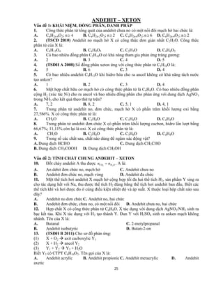 25
ANDEHIT – XETON
Vấn đề 1: KHÁI NIỆM, ĐỒNG PHÂN, DANH PHÁP
1. Công thức phân tử tổng quát của andehit chưa no có một nối đôi mạch hở hai chức là:
A. CnH2n-4O2; n 4 B. CnH2n-2O2; n 2 C. CnH2n-6O2; n 6 D. CnH2n-4O2; n 2
2. (TSCĐ 2010) Andehit no mạch hở X có công thức đơn giản nhất C2H3O. Công thức
phân tử của X là:
A. C8H12O4 B. C6H9O3 C. C2H3O D. C4H6O2
3. Có bao nhiêu đồng phân C5H10O có khả năng tham gia phản ứng tráng gương:
A. 2 B. 3 C. 4 D. 5
4. (TSĐH A 2008) Số đồng phân xeton ứng với công thức phân tử C5H10O là:
A. 5 B. 6 C. 3 D. 4
5. Có bao nhiêu andehit C6H12O khi hidro hóa cho ra ancol không có khả năng tách nước
tạo anken?
A. 1 B. 2 C. 3 D. 4
6. Một hợp chất hữu cơ mạch hở có công thức phân tử là C4H8O. Có bao nhiêu đồng phân
cộng H2 (xúc tác Ni) cho ra ancol và bao nhiêu đồng phân cho phản ứng với dung dịch AgNO3
trong NH3 cho kết quả theo thứ tự trên?
A. 7, 2 B. 8, 2 C. 5, 1 D. 4, 1
7. Trong phân tử andehit no, đơn chức, mạch hở X có phần trăm khối lượng oxi bằng
27,586%. X có công thức phân tử là:
A. CH2O B. C2H4O C. C3H6O D. C4H8O
8. Trong phân tử andehit đơn chức X có phần trăm khối lượng cacbon, hidro lần lượt bằng
66,67%; 11,11% còn lại là oxi. X có công thức phân tử là:
A. CH2O B. C2H4O C. C3H6O D. C4H8O
9. Trong số các chất sau, chất nào dùng để ngâm xác động vật?
A. Dung dịch HCHO C. Dung dịch CH3CHO
B. Dung dịch CH3COOH D. Dung dịch CH3OH
Vấn đề 2: TÍNH CHẤT CHUNG ANDEHIT – XETON
10. Đốt cháy andehit A thu được OHCO nn 22
 . A là:
A. An dehit đơn chức no, mạch hở C. Andehit chưa no
B. Andehit đơn chức no, mạch vòng D. Andehit đa chức
11. Một thể tích hơi andehit X mạch hở cộng hợp tối đa hai thể tích H2, sản phẩm Y sing ra
cho tác dụng hết với Na, thu được thể tích H2 đúng bằng thể tích hơi andehit ban đầu. Biết các
thể tích khí và hơi được đo ở cùng điểu kiện nhiệt độ và áp suất. X thuộc loại hộp chất nào sau
đây?
A. Andehit no đơn chức C. Andehit no, hai chức
B. Andehit đơn chức, chưa no, có một nối đôi D. Andehit chưa no, hai chức
12. Hợp chất X có công thức phân tử C4H8O. X tác dụng với dung dịch AgNO3/NH3 sinh ra
bạc kết tủa. Khi X tác dụng với H2 tạo thành Y. Đun Y với H2SO4 sinh ra anken mạch không
nhánh. Tên của X là:
A. Butanal C. 2-metylpropanal
B. Andehit isobutyric D. Butan-2-on
13. (TSĐH B 2011) Cho sơ đồ phản ứng:
(1) X + O2  axit cacboxylic Y1
(2) X + H2  ancol Y2
(3) Y1 + Y2  Y3 + H2O
Biết Y3 có CTPT C6H10O2. Tên gọi của X là:
A. Andehit acrylic B. Andehit propionic C. Andehit metacrylic D. Andehit
axetic
 
