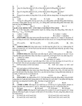 7
A. 2 B. 3 C. 1 D. 4
14. ứng với công thức phân tử C5H8 có bao nhiêu ankin là đồng phân của nhau?
A. 3 B. 4 C. 2 D. 5
15. ứng với công thức phân tử C5H10 có bao nhiêu anken đồng phân của nhau?
A. 4 B. 5 C. 3 D. 7
16. Trong số các ankin có công thức C5H8 có mấy chất tác dụng được với dung dịch AgNO3
trong NH3?
A. 1 chất B. 2 chất C. 3 chất D. 4 chất
17. Trong số x đồng phân cấu tạo của C4H8, có y đồng phân xuất hiện đồng phân hình học;
còn trong z đồng phân cấu tạo của C5H10, có t đồng phân xuất hiện đồng phân hình họC. Kết
luận nào sau đây không đúng?
A. X= 5 B. y=1 C. z =9 D. t =2
Vấn đề 2. XÁC ĐỊNH CTPT – CTCT DỰA VÀO PHẢN ỨNG CHÁY
18. X là hỗn hợp gồm 2 hiđrocacbon mạch hở, không cùng dãy đồng đẳng. Đót cháy X
được = . X có thể gồm
A. 1 ankan+ 1 anken C. 1 anken + 1 ankin
B. 1 ankan + 1 ankin D. 1 ankan + 1 ankadien
19. (TSCĐ 2008) Đốt cháy hoàn toàn hỗn hợp M gồn 1 ankan X và 1 ankin Y, thu được số
mol CO2 bằng số mol H2O. Thành phần phần trăm số mol của X và Y trong hỗn hợp M lần lượt
là
A. 35% và 65% B. 75% và 25% C. 20% và 80% D. 50%
và 50%
20. (TSĐH B 2008) Đốt cháy hoàn toàn 1 lít hỗn hợp khí gồm C2H2 và 1 hiđrocacbon X
sinh ra 2 lít khí CO2 và 2 lít hơi H2O (các thể tích đo ở cùng điều kiện nhiệt độ, áp suất). Công
thức phân tử của X là
A. C2H6 B. C2H4 C. CH4 D. C3H8
21. (TSĐH B 2012) Đốt cháy hoàn toàn hỗn hợp X gồm 2 hiđrocacbon (tỉ lệ mol 1:1) có
công thức đơn giản nhất khác nhau, thu được 2,2 gam CO2 và 0,9 gam H2O. Các chất rong X là
A. 1 ankan và 1 ankin C. hai anken
B. Hai ankađien D. một anken và 1 ankin
22. Đốt cháy hoàn toàn 0,1 mol hỗn hợp CH4, C4H10 và C2H4 thu được 0,14 mol CO2 và
0,23 mol H2O. Hỏi số mol của ankan và anken trong hỗn hợp là bao nhiêu?
A. 0,09 mol ankan và 0,01 mol anken C. 0,08 mol ankan và 0,02 mol
anken
B. 0,01 mol ankan và 0,09 mol anken D. 0,02 mol ankan và 0,08 mol anken
23. (TSCĐ 2008) Đốt cháy hoàn toàn 20ml hỗn hợp X gồm C3H6, CH4, CO (thể tích CO
gấp 2 lần thể tích CH4) thu được 24ml CO2 ( các thể tích đo được ở cùng điều kiện nhiệt đọ và
áp suất). Tỉ khối của X so với khí hiro là
A. 25,8 B. 12,9 C.22,2 D. 11,1
24. (TSCĐ 2007) Ba hiđrocacbon X,Y, Z kế tiếp nhau trong dãy đồng đẳng, trong đó khối
lượng phân tử Z gấp đôi khối lượng phân tử X. Đốt cháy 0,1 mol chất Y, sản phẩm khí hấp thụ
hoàn toàn vào dung dịch Ca(OH)2 (dư) , thu được số gam kết tủa là
A. 30 B.10 C. 20 D. 40
25. ( TSĐH A 2008) Hỗn hợp X có tỉ khối hơi so với hiro là 21,2 gồm propan, propen và
propin. Khi đốt cháy hoàn toàn 0,1 mol X , tổng khối lượng của CO2 và H2O thu được là:
A. 20,4 gam B. 18,6 gam C. 18,96 gam D. 16,8 gam
26. (TSĐH A 2009) Hỗn hợp khí X gồm anken M và ankin N có cunf số nguyên tử C trong
phân tử. Hỗn hợp X gồm 12,4 gam và thể tích 6,72 lít (ở đktc). Số mol, công thức phân tử của
M, N lần lượt là
A. 0,1 mol C2H4 và 0,2 mol C2H2 C. 0,2 mol C2H4 và 0,1 mol C2H2
B. 0,1 mol C3H6 và 0,1 mol C3H4 D. 0,2 mol C3H6 và 0,1 mol C3H4
 