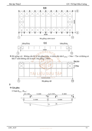 Bài tập Thép2 GV: TS.Ngô Hữu Cường
LVH _ K.07 11
Hệ giằng cột: Không cần bố trí hệ giằng giữa, vì chiều dài nhà Lgiằng = 54m < 75m và không có
khe t0
(nên không cần k/cách 2 hệ giằng ≤ 50m).
2/
Cột giữa:
 Tính Dmax , Dmin :
 