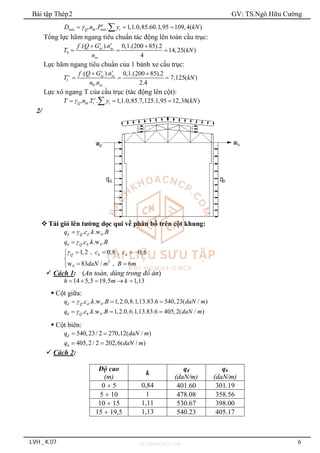 Bài tập Thép2 GV: TS.Ngô Hữu Cường
LVH _ K.07 6
min min
. . . 1,1.0,85.60.1,95 109,4( )
c
Q th i
D n P y kN

  

Tổng lực hãm ngang tiêu chuẩn tác động lên toàn cầu trục:
0
.( ). 0,1.(200 85).2
14,25( )
4
c
xc xc
xc
f Q G n
T kN
n

 
  
Lực hãm ngang tiêu chuẩn của 1 bánh xe cầu trục:
1
0
.( ). 0,1.(200 85).2
7,125( )
. 2.4
c
c xc xc
xc
f Q G n
T kN
n n

 
  
Lực xô ngang T của cầu trục (tác động lên cột):
1
. . . 1,1.0,85.7,125.1,95 12,38( )
c
Q th i
T n T y kN

  

2/
 Tải gió lên tường dọc qui về phân bố trên cột khung:
0
. . .w .
d Q d
q c k B


0
. . .w .
h Q h
q c k B


2
0
1,2 , 0,8 , 0,6
w 83 / , 6
Q h d
c c
daN m B m
    



 


 Cách 1: (An toàn, dùng trong đồ án)
14 5,5 19,5 1,13
h m k
    
 Cột giữa:
0
. . .w . 1,2.0,8.1,13.83.6 540,23( / )
d Q d
q c k B daN m

  
0
. . .w . 1,2.0,6.1,13.83.6 405,2( / )
h Q h
q c k B daN m

  
 Cột biên:
540,23/ 2 270,12( / )
d
q daN m
 
405,2 / 2 202,6( / )
h
q daN m
 
 Cách 2:
Độ cao
(m)
k
qđ
(daN/m)
qh
(daN/m)
0  5 0,84 401.60 301.19
5  10 1 478.08 358.56
10  15 1,11 530.67 398.00
15  19,5 1,13 540.23 405.17
 