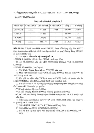 + Tổng giá thành sản phẩm A = 2.000 + 156.136 – 3.456 – 380 = 154.300 ngđ
+ Zđv spA= 63,237 ngđ/sp
Bảng tính giá thành sản phẩm A
Khoản mục

CPSXDDĐk CPSXP/STK CPSXDDCK

Tổng Z

Z đơn vị

CPNVLTT

2.000

67.336

3.456

65.500

26,844

CPNCTT

-

58.560

-

58.560

24

CPSXC

-

30.240

-

30.240

12,393

Cộng

2.000

156.136

3.456

154.300

63,327

BÀI 50: DN X hạch toán HTK theo PPKKTX, thuộc đối tượng nộp thuế GTGT
theo phương pháp khấu trừ, có tổ chức 1pxsc chính (sx spM). Trong tháng 12/2009
có tài liệu kt như sau:
- Tài liệu 1: Số dư đầu kỳ của một số TK
+ TK154: 1.500.000đ (chi tiết theo CPNVL chính trực tiếp)
+ TK152: 90.000.000đ (chi tiết VLC 75.000.000đ (500kg), VLP 15.000.000đ
(2.000kg)
+ TK153: 12.000.000đ (10 công cụ)
- Tài liệu 2: Trong tháng có các NVKTPS như sau:
1) Mua VLC thanh toán bằng TGNH, số lượng 5.000kg, đơn giá chưa VAT là
16.000đ/kg, VAT 10%
2) Chi phí sữa chữa nhỏ TSCĐ sử dụng ở PXSX chính, giá thanh toán là
5.720.000đ (đã bao gồm 10%VAT) đã thanh toán bằng tiền mặt.
3) Căn cứ vào PNK vật tư, công cụ dụng cụ trong tháng (DN tính giá xuất hàng
tồn kho theo PP bình quân gia quyền)
- VLC xuất sử dụng để sxsp: 7.000kg
- VLP xuất sử dụng để sxsp: 1.000kg, phục vụ quản lý PX là 80kg
- CCDC xuất bảo dưỡng thường xuyên MMTB trong PXSX là 5CC thuộc loại
pbổ 1lần
4) Tiền lương thực tế phải trả CNTTSX sp là 40.000.000đ, nhân viên phục vụ
và quản lý PX là 12.000.000đ
5) Trích BHXH, BHYT, BHTN, KPCĐ theo tỷ lệ quy định
6) Trích khấu hao TSCĐ ở PXSX là 10.600.000đ
7) Chi phí dịch vụ mua ngoài phải trả phân bổ cho PXSX là 10.000.000đ, VAT
10%

-Trang 113-

 