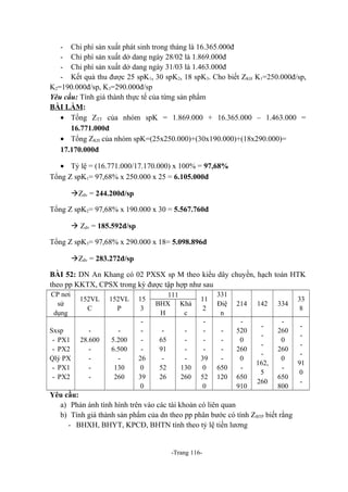 - Chi phí sản xuất phát sinh trong tháng là 16.365.000đ
- Chi phí sản xuất dở dang ngày 28/02 là 1.869.000đ
- Chi phí sản xuất dở dang ngày 31/03 là 1.463.000đ
- Kết quả thu được 25 spK1, 30 spK2, 18 spK3. Cho biết ZKH K1=250.000đ/sp,
K2=190.000đ/sp, K3=290.000đ/sp
Yêu cầu: Tính giá thành thực tế của từng sản phẩm
BÀI LÀM:
• Tổng ZTT của nhóm spK = 1.869.000 + 16.365.000 – 1.463.000 =
16.771.000đ
• Tổng ZKH của nhóm spK=(25x250.000)+(30x190.000)+(18x290.000)=
17.170.000đ
• Tỷ lệ = (16.771.000/17.170.000) x 100% = 97,68%
Tổng Z spK1= 97,68% x 250.000 x 25 = 6.105.000đ
Zđv = 244.200đ/sp
Tổng Z spK2= 97,68% x 190.000 x 30 = 5.567.760đ
 Zđv = 185.592đ/sp
Tổng Z spK3= 97,68% x 290.000 x 18= 5.098.896đ
Zđv = 283.272đ/sp
BÀI 52: DN An Khang có 02 PXSX sp M theo kiểu dây chuyền, hạch toán HTK
theo pp KKTX, CPSX trong kỳ được tập hợp như sau
CP nơi
sử
dụng
Sxsp
- PX1
- PX2
Qlý PX
- PX1
- PX2

152VL
C
28.600
-

152VL
P

15
3

5.200
6.500
130
260

26
0
39
0

111
BHX Khá
H
c
65
91
52
26

130
260

11
2
39
0
52
0

331
Điệ
n

214

142

334

33
8

650
120

520
0
260
0
650
910

162,
5
260

260
0
260
0
650
800

91
0
-

Yêu cầu:
a) Phản ánh tình hình trên vào các tài khoản có liên quan
b) Tính giá thành sản phẩm của dn theo pp phân bước có tính ZBTP biết rằng
- BHXH, BHYT, KPCĐ, BHTN tính theo tỷ lệ tiền lương

-Trang 116-

 