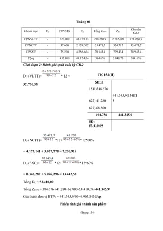 Tháng 01
Khoản mục

Dđ

CPP/STK

Dc

Tổng ZBTP1

Zđvị

Chuyển
Gđ2

CPNVLTT

-

320.000

41.739,13

278.260,9

2.782,609

278.260,9

CPNCTT

-

37.600

2.128,302

35.471,7

354,717

35.471,7

CPSXC

-

75.200

4.256,604

70.943,4

709,434

70.943,4

Cộng

-

432.800

48.124,04

384.676

3.848,76

384.676

Giai đoạn 2: Đánh giá spdd cuối kỳ GĐ2
DC (VLTT)=

TK 154(II)

* 12 =

SD: 0

32.736,58

154I)348.676
622) 41.280

441.345,9(154III
)

627) 68.800
494.756
SD:
53.410,09

DC (NCTT)=

*12+

*12*60%

= 4.173,141 + 3.057,778 = 7.230,919
DC (SXC)=

*12+

*12*60%

= 8.346,282 + 5.096,296 = 13.442,58
Tổng DC = 53.410,09
Tổng ZBTP2 = 384.676+41.280+68.800-53.410,09=441.345,9
Giá thành đơn vị BTP2 = 441.345,9/90=4.903,843đ/sp
Phiếu tính giá thành sản phẩm
-Trang 134-

441.345,9

 