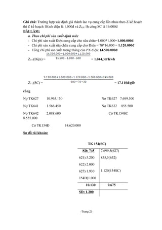 Ghi chú: Trường hợp xác định giá thành lao vụ cung cấp lẫn nhau theo Z kế hoạch
thì Z kế hoạch 1Kwh điện là 1.000đ và ZKH 1h công SC là 16.000đ
BÀI LÀM:
a. Theo chi phí sản xuất định mức
- Chi phí sản xuất Điện cung cấp cho sữa chữa=1.000*1.000=1.000.000đ
- Chi phí sản xuất sữa chữa cung cấp cho Điện = 70*16.000 = 1.120.000đ
- Tổng chi phí sản xuất trong tháng của PX điện: 14.500.000đ
ZTT (Điện) =

= 1.044,3đ/Kwh

ZTT (SC) =

= 17.110đ/giờ

công
Nợ TK627

10.965.150

Nợ TK627 7.699.500

Nợ TK641

1.566.450

Nợ TK632

Nợ TK642
8.555.000

2.088.600

Có TK154Đ

855.500

Có TK154SC
14.620.000

Sơ đồ tài khoản:
TK 154(SC)
SD: 745
621) 5.200

7.699,5(627)
855,5(632)

622) 2.000
627) 1.930

1.120(154SC)

154Đ)1.000
10.130
SD: 1.200

-Trang 21-

9.675

 