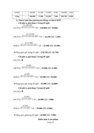 CPSXC

-

80.000

43.500

15.000

4.500

104.000

1.600

Cộng

-

284.000

72.500

53.250

7.500

295.750

4.550

b. Tính Z spht theo phương án không có tính Z BTP
- Chi phí sx giai đoạn 1 trong 65 spht
(VLTT)=

(NCTT)=

(SXC)=

* 65 = 130.000 (SD: 70.000)

* 65 = 16.250 (SD: 7.250)

* 65 = 32.500 (SD: 14.500)

àTổng cpsx gđ1 trong 65 spht = 178.750 (SD: 91.750)
- Chi phí sx giai đoạn 2 trong 65 spht
(VLTT)= 0

(NCTT)=

(SXC)=

* 65 = 19.500 (SD: 6.300)

* 65 = 32.500 (SD: 10.500)

àTổng cpsx gđ2 trong 65 spht = 52.000 (SD: 16.800)
- Chi phí sx giai đoạn 3 trong 65 spht
(VLTT)= 0

(NCTT)=

(SXC)=

* 65 = 26.000 (SD: 3.000)

* 65 = 39.000 (SD: 4.500)

àTổng cpsx gđ3trong 65 spht = 65.000 (SD: 7.500)
Phiếu tính Z sản phẩm
-Trang 28-

 