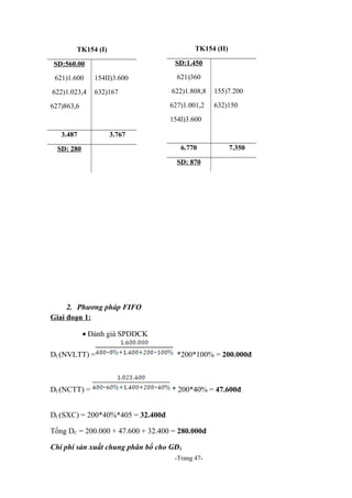 TK154 (II)

TK154 (I)

SD:1.450

SD:560.00
621)1.600

154II)3.600

621)360

632)167

627)863,6

622)1.808,8

155)7.200

627)1.001,2

622)1.023,4

632)150

154I)3.600
3.487

3.767
6.770

SD: 280

7.350

SD: 870

2. Phương pháp FIFO
Giai đoạn 1:
• Đánh giá SPDDCK
DC(NVLTT) =

DC(NCTT) =

*200*100% = 200.000đ

* 200*40% = 47.600đ

DC(SXC) = 200*40%*405 = 32.400đ
Tổng DC = 200.000 + 47.600 + 32.400 = 280.000đ
Chi phí sản xuất chung phân bổ cho GĐ1
-Trang 47-

 
