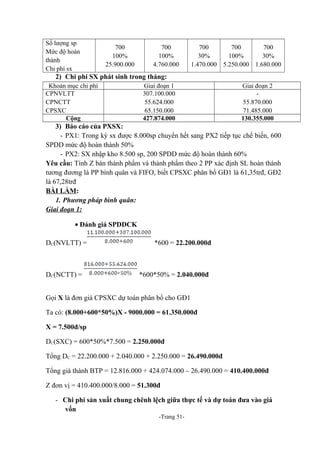 Số lượng sp
Mức độ hoàn
thành
Chi phí sx

700
100%
25.900.000

700
100%
4.760.000

700
30%
1.470.000

700
700
100%
30%
5.250.000 1.680.000

2) Chi phí SX phát sinh trong tháng:
Khoản mục chi phí
CPNVLTT
CPNCTT
CPSXC
Cộng

Giai đoạn 1
307.100.000
55.624.000
65.150.000
427.874.000

Giai đoạn 2
55.870.000
71.485.000
130.355.000

3) Báo cáo của PXSX:
- PX1: Trong kỳ sx được 8.000sp chuyển hết sang PX2 tiếp tục chế biến, 600
SPDD mức độ hoàn thành 50%
- PX2: SX nhập kho 8.500 sp, 200 SPDD mức độ hoàn thành 60%
Yêu cầu: Tính Z bán thành phẩm và thành phẩm theo 2 PP xác định SL hoàn thành
tương đương là PP bình quân và FIFO, biết CPSXC phân bổ GĐ1 là 61,35trđ, GĐ2
là 67,28trđ
BÀI LÀM:
1. Phương pháp bình quân:
Giai đoạn 1:
• Đánh giá SPDDCK
DC(NVLTT) =

DC(NCTT) =

*600 = 22.200.000đ

*600*50% = 2.040.000đ

Gọi X là đơn giá CPSXC dự toán phân bổ cho GĐ1
Ta có: (8.000+600*50%)X - 9000.000 = 61.350.000đ
X = 7.500đ/sp
DC(SXC) = 600*50%*7.500 = 2.250.000đ
Tổng DC = 22.200.000 + 2.040.000 + 2.250.000 = 26.490.000đ
Tổng giá thành BTP = 12.816.000 + 424.074.000 – 26.490.000 = 410.400.000đ
Z đơn vị = 410.400.000/8.000 = 51.300đ
- Chi phí sản xuất chung chênh lệch giữa thực tế và dự toán đưa vào giá
vốn
-Trang 51-

 
