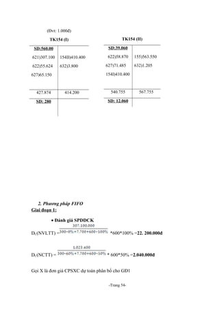 (Đvt: 1.000đ)
TK154 (I)

SD:39.060

SD:560.00
621)307.100

154II)410.400

622)55.624

632)3.800

622)58.870
627)71.485

155)563.550
632)1.205

154I)410.400

627)65.150

427.874

TK154 (II)

414.200

540.755

567.755

SD: 12.060

SD: 280

2. Phương pháp FIFO
Giai đoạn 1:
• Đánh giá SPDDCK
DC(NVLTT) =

DC(NCTT) =

*600*100% =22. 200.000đ

* 600*50% =2.040.000đ

Gọi X là đơn giá CPSXC dự toán phân bổ cho GĐ1
-Trang 54-

 
