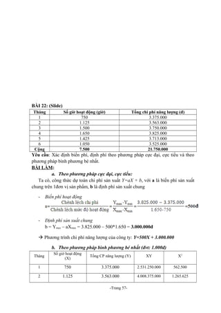BÀI 22: (Slide)
Tháng
1
2
3
4
5
6
Cộng

Số giờ hoạt động (giờ)
750
1.125
1.500
1.650
1.425
1.050
7.500

Tổng chi phí năng lượng (đ)
3.375.000
3.563.000
3.750.000
3.825.000
3.713.000
3.525.000
21.750.000

Yêu cầu: Xác định biến phí, định phí theo phương pháp cực đại, cực tiểu và theo
phương pháp bình phương bé nhất.
BÀI LÀM:
a. Theo phương pháp cực đại, cực tiểu:
Ta có, công thức dự toán chi phí sản xuất Y=aX + b, với a là biến phí sản xuất
chung trên 1đơn vị sản phẩm, b là định phí sản xuất chung
-

Biến phí hoạt động

-

Định phí sản xuất chung
b = Ymax – aXmax = 3.825.000 – 500*1.650 = 3.000.000đ

 Phương trình chi phí năng lượng của công ty: Y=500X + 3.000.000
b. Theo phương pháp bình phương bé nhất (đvt: 1.000đ)
Tháng

Số giờ hoạt động
(X)

Tổng CP năng lượng (Y)

XY

X2

1

750

3.375.000

2.531.250.000

562.500

2

1.125

3.563.000

4.008.375.000

1.265.625

-Trang 57-

 