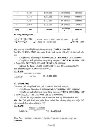 3

1.500

3.750.000

5.625.000.000

2.250.000

4

1.650

3.825.000

6.311.250.000

2.722.500

5

1.425

3.713.000

5.291.025.000

2.022.625

6

1.050

3.525.000

3.701.250.000

1.102.500

Cộng

7.500

21.750.000

27.468.150.00
0

9.933.750

Ta có hệ phương trình:





Vậy phương trình chi phí năng lượng có dạng: Y=65X + 3.544.000
BÀI 23: (SLIDE). DNSX sản phẩm K sản xuất ra sản phẩm M có tình hình như
sau:
- Chi phí sxdd đầu tháng: 4.000.000đ (VLC: 2.800.000đ, VLP: 1.200.000đ)
- Chi phí sản xuất phát sinh trong tháng bao gồm: VLC là 41.200.000đ, VLP
là 7.600.000đ, NCTT là 28.000.000đ, CPSXC là 34.000.000đ
- Kết quả thu được 360 spht, còn 80 spdd với mức độ hoàn thành là 20%
Yêu cầu: Đánh giá SPDD cuối kỳ theo VLC
BÀI LÀM:
DC(VLC) =
BÀI 24: (SLIDE)
DN A sản xuất sản phẩm K sản xuất ra spM có tình hình như sau:
- Chi phí sxdd đầu tháng: 1.000.000đ (VLC: 700.0000đ, VLP: 300.000đ)
- Chi phí sản xuất phát sinh trong tháng bao gồm: VLC là 10.000.000đ, VLP
là 1.500.000đ, NCTT là 7.000.000đ, CPSXC là 8.000.000đ
- Kết quả thu được 90 spht, còn 20 spdd với mức độ hoàn thành là 20%
Yêu cầu: Tính giá thành sản phẩm hoàn thành theo phương pháp trực tiếp. Biết
rằng spddck được đánh giá theo VLC
BÀI LÀM:
DC(VLC) =

*15 = 1.605.000đ

Tổng Zsp= 1.000.000 + 10.000.000 + 1.500.000 + 7.000.000 + 8.000.000 – 1.605.000 =
25.895.000
-Trang 58-

 