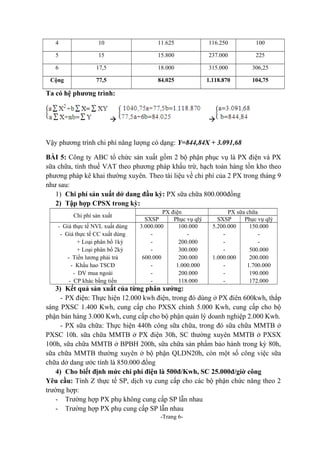 4

10

11.625

116.250

100

5

15

15.800

237.000

225

6

17,5

18.000

315.000

306,25

Cộng

77,5

84.025

1.118.870

104,75

Ta có hệ phương trình:

à

à

Vậy phương trình chi phí năng lượng có dạng: Y=844,84X + 3.091,68
BÀI 5: Công ty ABC tổ chức sản xuất gồm 2 bộ phận phục vụ là PX điện và PX
sữa chữa, tính thuế VAT theo phương pháp khấu trừ, hạch toán hàng tồn kho theo
phương pháp kê khai thường xuyên. Theo tài liệu về chi phí của 2 PX trong tháng 9
như sau:
1) Chi phí sản xuất dở dang đầu kỳ: PX sữa chữa 800.000đồng
2) Tập hợp CPSX trong kỳ:
Chi phí sản xuất
- Giá thực tế NVL xuất dùng
- Giá thực tế CC xuất dùng
+ Loại phân bổ 1kỳ
+ Loại phân bổ 2kỳ
- Tiền lương phải trả
- Khấu hao TSCĐ
- DV mua ngoài
- CP khác bằng tiền

PX điện
SXSP
Phục vụ qlý
3.000.000
100.000
200.000
300.000
600.000
200.000
1.000.000
200.000
118.000

PX sữa chữa
SXSP
Phục vụ qlý
5.200.000
150.000
500.000
1.000.000
200.000
1.700.000
190.000
172.000

3) Kết quả sản xuất của từng phân xưởng:
- PX điện: Thực hiện 12.000 kwh điện, trong đó dùng ở PX điên 600kwh, thắp
sáng PXSC 1.400 Kwh, cung cấp cho PXSX chính 5.000 Kwh, cung cấp cho bộ
phận bán hàng 3.000 Kwh, cung cấp cho bộ phận quản lý doanh nghiệp 2.000 Kwh.
- PX sữa chữa: Thực hiện 440h công sữa chữa, trong đó sữa chữa MMTB ở
PXSC 10h. sữa chữa MMTB ở PX điện 30h, SC thường xuyên MMTB ở PXSX
100h, sữa chữa MMTB ở BPBH 200h, sữa chữa sản phẩm bảo hành trong kỳ 80h,
sữa chữa MMTB thường xuyên ở bộ phận QLDN20h, còn một số công việc sữa
chữa dở dang ước tính là 850.000 đồng
4) Cho biết định mức chi phí điện là 500đ/Kwh, SC 25.000đ/giờ công
Yêu cầu: Tính Z thực tế SP, dịch vụ cung cấp cho các bộ phận chức năng theo 2
trường hợp:
- Trường hợp PX phụ không cung cấp SP lẫn nhau
- Trường hợp PX phụ cung cấp SP lẫn nhau
-Trang 6-

 