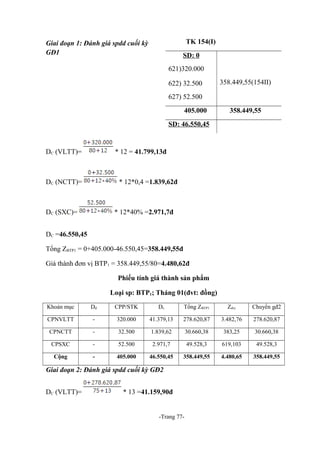 TK 154(I)

Giai đoạn 1: Đánh giá spdd cuối kỳ
GĐ1

SD: 0
621)320.000
622) 32.500

358.449,55(154II)

627) 52.500
405.000

358.449,55

SD: 46.550,45

DC (VLTT)=

* 12 = 41.799,13đ

DC (NCTT)=

* 12*0,4 =1.839,62đ

DC (SXC)=

* 12*40% =2.971,7đ

DC =46.550,45
Tổng ZBTP1 = 0+405.000-46.550,45=358.449,55đ
Giá thành đơn vị BTP1 = 358.449,55/80=4.480,62đ
Phiếu tính giá thành sản phẩm
Loại sp: BTP1; Tháng 01(đvt: đồng)
Khoản mục

Dđ

CPP/STK

Dc

Tổng ZBTP1

Zđvị

Chuyển gđ2

CPNVLTT

-

320.000

41.379,13

278.620,87

3.482,76

278.620,87

CPNCTT

-

32.500

1.839,62

30.660,38

383,25

30.660,38

CPSXC

-

52.500

2.971,7

49.528,3

619,103

49.528,3

Cộng

-

405.000

46.550,45

358.449,55

4.480,65

358.449,55

Giai đoạn 2: Đánh giá spdd cuối kỳ GĐ2
DC (VLTT)=

* 13 =41.159,90đ

-Trang 77-

 