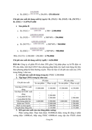 d. DC (SXC) =

x 20x30% =251.020,41đ

Chi phí sản xuất dở dang cuối kỳ (spA)= DC (VLC) + DC (VLP) + DC (NCTT) +
DC (SXC) = 11.079.673,48đ
• Sản phẩm B
e. DC (VLC) =

f.

x 500 = 2.500.000đ

DC (VLP) =

x 500*40% = 296.000đ

g. DC (NCTT) =

x 500*40% = 960.000đ

h. DC (SXC) =

x 500*40% = 900.000đ

DC (VLTT)= 2.500.000 + 296.000 = 2.796.000đ
Chi phí sản xuất dở dang cuối kỳ (spB) = 4.656.000đ
BÀI 46: Công ty cổ phần PN tổ chức 2PX gồm 2 bộ phận phục vụ là PX điện và
PX sữa chữa, tính thuế GTGT theo phương pháp khấu trừ, hạch toán hàng tồn kho
theo phương pháp kê khai thường xuyên. Theo tài liệu về chi phí sản xuất của 2 PX
trong tháng 1 như sau:
1. Chi phí sản xuất dở dang trong kỳ: PXSC 2.200.000đ
2. Tập hợp CPSX trong kỳ như sau:
Chi phí sản xuất
Giá thực tế NVL xuất
dùng
Giá thực tế CCDC xuất
dùng
+ Loại phân bổ 1kỳ
+ Loại phân bổ 2kỳ
Tiền lương phải trả
Khấu hao TSCĐ
Dịch vụ mua ngoài
Chi phí khác bằng tiền

PX điện
Sx sản phẩm
Phục vụ qlý

PX sữa chữa
Sx sản phẩm Phục vụ qlý

13.000.000

2.100.000

15.200.000

4.150.000

-

2.200.000
3.300.000

-

2.500.000

1.600.000
-

2.200.000
12.000.000
1.500.000
2.118.000

1.000.000
-

3.200.000
2.700.000
1.190.000
2.172.000

3. Kết quả sản xuất của của từng phân xưởng:
- Phân xưởng điện: Thực hiện được 30.000Kwh điện, trong đó dùng ở phân
xưởng điện 1.000Kwh, thắp sáng PXSC 4.000Kwh cung cấp cho PXSX chính
-Trang 98-

 