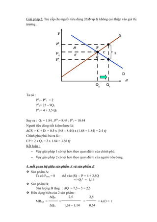 Giải pháp 2: Trợ cấp cho người tiêu dùng 2đ/đvsp & không can thiệp vào giá thị
trường .
Ta có :
PS
1 – PD
1 = 2
PD
1= 25 – 9Q1
PS
1 = 4 + 3,5 Q1
Suy ra : Q1 = 1.84 , PD
1= 8.44 ; PS
1 = 10.44
Người tiêu dùng tiết kiệm được là:
ΔCS = C + D = 0.5 x (9.8 – 8.44) x (1.68 + 1.84) = 2.4 tỷ
Chính phủ phải bỏ ra là :
CP = 2 x Q1 = 2 x 1.84 = 3.68 tỷ
Kết luận :
− Vậy giải pháp 1 có lợi hơn theo quan điểm của chính phủ.
− Vậy giải pháp 2 có lợi hơn theo quan điểm của người tiêu dùng.
4. mối quan hệ giữa sản phẩm A và sản phẩm B
 Sản phẩm A:
Ta có Pmax = 8 thế vào (S) : P = 4 + 3,5Q
=> Q1
S
= 1,14
 Sản phẩm B:
Sản lượng B tăng : ∆Q = 7,5 – 5 = 2,5
 Hữu dụng biên của 2 sản phẩm :
∆QB 2,5 2,5
MRAB = = = = 4,63 > 1
∆QA 1,68 – 1,14 0,54
D
S
Q
P
P0
Q0
Q1
s
PS
1
PD
1
A B
D
C
E
 