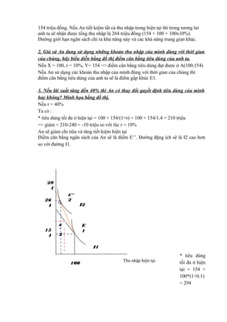 154 triệu đồng. Nếu An tiết kiệm tất cả thu nhập trong hiện tại thì trong tương lai
anh ta sẽ nhận được tổng thu nhập là 264 triệu đồng (154 + 100 + 100x10%).
Đường giới hạn ngân sách chỉ ra khả năng này và các khả năng trung gian khác.
2. Giả sử An đang sử dụng những khoản thu nhập của mình đúng với thời gian
của chúng, hãy biểu diễn bằng đồ thị điểm cân bằng tiêu dùng của anh ta.
Nếu X = 100, r = 10%, Y= 154 => điểm cân bằng tiêu dùng đạt được ở A(100,154)
Nếu An sử dụng các khoản thu nhập của mình đúng với thời gian của chúng thì
điểm cân bằng tiêu dùng của anh ta sẽ là điểm gấp khúc E1.
3. Nếu lãi suất tăng đến 40% thì An có thay đổi quyết định tiêu dùng của mình
hay không? Minh họa bằng đồ thị.
Nếu r = 40%
Ta có :
* tiêu dùng tối đa ở hiện tại = 100 + 154/(1+r) = 100 + 154/1.4 = 210 triệu
=> giảm = 210-240 = -10 triệu so với lúc r = 10%
An sẽ giảm chi tiêu và tăng tiết kiệm hiện tại
Điểm cân bằng ngân sách của An sẽ là điểm E’’. Đường đặng ích sẽ là I2 cao hơn
so với đường I1.
* tiêu dùng
tối đa ở hiện
tại = 154 +
100*(1+0.1)
= 294
Thu nhập hiện tại
26
4
100
15
4
29
4
E
1
I1
E
’
2
E’’
2
I2
 