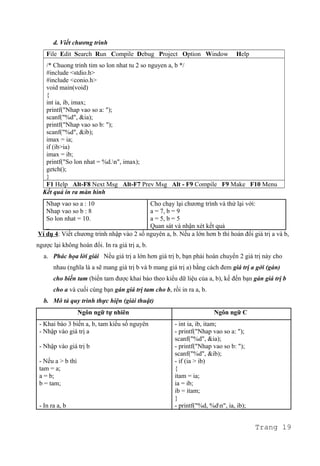 d. Viết chương trình
File Edit Search Run Compile Debug Project Option Window Help
/* Chuong trinh tim so lon nhat tu 2 so nguyen a, b */
#include <stdio.h>
#include <conio.h>
void main(void)
{
int ia, ib, imax;
printf("Nhap vao so a: ");
scanf("%d", &ia);
printf("Nhap vao so b: ");
scanf("%d", &ib);
imax = ia;
if (ib>ia)
imax = ib;
printf("So lon nhat = %d.n", imax);
getch();
}
F1 Help Alt-F8 Next Msg Alt-F7 Prev Msg Alt - F9 Compile F9 Make F10 Menu
Kết quả in ra màn hình
Nhap vao so a : 10
Nhap vao so b : 8
So lon nhat = 10.
_
Cho chạy lại chương trình và thử lại với:
a = 7, b = 9
a = 5, b = 5
Quan sát và nhận xét kết quả
Ví dụ 4: Viết chương trình nhập vào 2 số nguyên a, b. Nếu a lớn hơn b thì hoán đổi giá trị a và b,
ngược lại không hoán đổi. In ra giá trị a, b.
a. Phác họa lời giải Nếu giá trị a lớn hơn giá trị b, bạn phải hoán chuyển 2 giá trị này cho
nhau (nghĩa là a sẽ mang giá trị b và b mang giá trị a) bằng cách đem giá trị a gởi (gán)
cho biến tam (biến tam được khai báo theo kiểu dữ liệu của a, b), kế đến bạn gán giá trị b
cho a và cuối cùng bạn gán giá trị tam cho b, rồi in ra a, b.
b. Mô tả quy trình thực hiện (giải thuật)
Ngôn ngữ tự nhiên Ngôn ngữ C
- Khai báo 3 biến a, b, tam kiểu số nguyên
- Nhập vào giá trị a
- Nhập vào giá trị b
- Nếu a > b thì
tam = a;
a = b;
b = tam;
- In ra a, b
- int ia, ib, itam;
- printf("Nhap vao so a: ");
scanf("%d", &ia);
- printf("Nhap vao so b: ");
scanf("%d", &ib);
- if (ia > ib)
{
itam = ia;
ia = ib;
ib = itam;
}
- printf("%d, %dn", ia, ib);
Trang 19
 