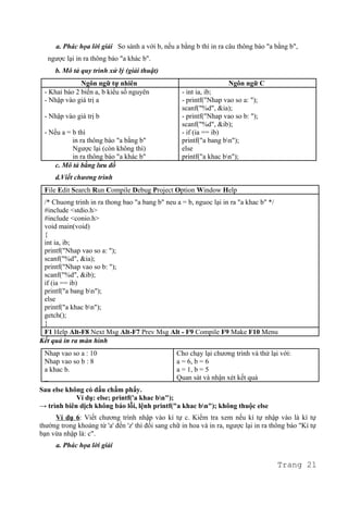 a. Phác họa lời giải So sánh a với b, nếu a bằng b thì in ra câu thông báo "a bằng b",
ngược lại in ra thông báo "a khác b".
b. Mô tả quy trình xử lý (giải thuật)
Ngôn ngữ tự nhiên Ngôn ngữ C
- Khai báo 2 biến a, b kiểu số nguyên
- Nhập vào giá trị a
- Nhập vào giá trị b
- Nếu a = b thì
in ra thông báo "a bằng b"
Ngược lại (còn không thì)
in ra thông báo "a khác b"
- int ia, ib;
- printf("Nhap vao so a: ");
scanf("%d", &ia);
- printf("Nhap vao so b: ");
scanf("%d", &ib);
- if (ia == ib)
printf("a bang bn");
else
printf("a khac bn");
c. Mô tả bằng lưu đồ
d.Viết chương trình
File Edit Search Run Compile Debug Project Option Window Help
/* Chuong trinh in ra thong bao "a bang b" neu a = b, nguoc lại in ra "a khac b" */
#include <stdio.h>
#include <conio.h>
void main(void)
{
int ia, ib;
printf("Nhap vao so a: ");
scanf("%d", &ia);
printf("Nhap vao so b: ");
scanf("%d", &ib);
if (ia == ib)
printf("a bang bn");
else
printf("a khac bn");
getch();
}
F1 Help Alt-F8 Next Msg Alt-F7 Prev Msg Alt - F9 Compile F9 Make F10 Menu
Kết quả in ra màn hình
Nhap vao so a : 10
Nhap vao so b : 8
a khac b.
_
Cho chạy lại chương trình và thử lại với:
a = 6, b = 6
a = 1, b = 5
Quan sát và nhận xét kết quả
Sau else không có dấu chấm phẩy.
Ví dụ: else; printf('a khac bn");
→ trình biên dịch không báo lỗi, lệnh printf("a khac bn"); không thuộc else
Ví dụ 6: Viết chương trình nhập vào kí tự c. Kiểm tra xem nếu kí tự nhập vào là kí tự
thường trong khoảng từ 'a' đến 'z' thì đổi sang chữ in hoa và in ra, ngược lại in ra thông báo "Kí tự
bạn vừa nhập là: c".
a. Phác họa lời giải
Trang 21
 