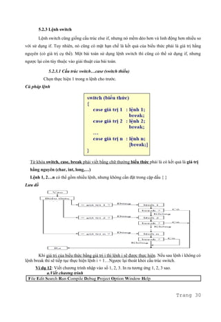 5.2.3 Lệnh switch
Lệnh switch cũng giống cấu trúc else if, nhưng nó mềm dẻo hơn và linh động hơn nhiều so
với sử dụng if. Tuy nhiên, nó cũng có mặt hạn chế là kết quả của biểu thức phải là giá trị hằng
nguyên (có giá trị cụ thể). Một bài toán sử dụng lệnh switch thì cũng có thể sử dụng if, nhưng
ngược lại còn tùy thuộc vào giải thuật của bài toán.
5.2.3.1 Cấu trúc switch…case (switch thiếu)
Chọn thực hiện 1 trong n lệnh cho trước.
Cú pháp lệnh
Từ khóa switch, case, break phải viết bằng chữ thường biểu thức phải là có kết quả là giá trị
hằng nguyên (char, int, long,…)
Lệnh 1, 2…n có thể gồm nhiều lệnh, nhưng không cần đặt trong cặp dấu { }
Lưu đồ
Khi giá trị của biểu thức bằng giá trị i thì lệnh i sẽ được thực hiện. Nếu sau lệnh i không có
lệnh break thì sẽ tiếp tục thực hiện lệnh i + 1…Ngược lại thoát khỏi cấu trúc switch.
Ví dụ 12: Viết chương trình nhập vào số 1, 2, 3. In ra tương ứng 1, 2, 3 sao.
a.Viết chương trình
File Edit Search Run Compile Debug Project Option Window Help
Trang 30
 