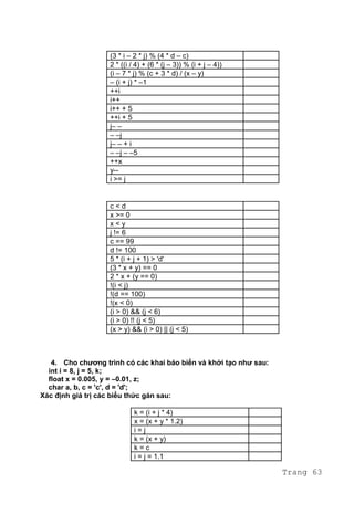 (3 * i – 2 * j) % (4 * d – c)
2 * ((i / 4) + (6 * (j – 3)) % (i + j – 4))
(i – 7 * j) % (c + 3 * d) / (x – y)
– (i + j) * –1
++i
i++
i++ + 5
++i + 5
j– –
– –j
j– – + i
– –j – –5
++x
y--
i >= j
c < d
x >= 0
x < y
j != 6
c == 99
d != 100
5 * (i + j + 1) > 'd'
(3 * x + y) == 0
2 * x + (y == 0)
!(i < j)
!(d == 100)
!(x < 0)
(i > 0) && (j < 6)
(i > 0) !! (j < 5)
(x > y) && (i > 0) || (j < 5)
4. Cho chương trình có các khai báo biến và khởi tạo như sau:
int i = 8, j = 5, k;
float x = 0.005, y = –0.01, z;
char a, b, c = 'c', d = 'd';
Xác định giá trị các biểu thức gán sau:
k = (i + j * 4)
x = (x + y * 1.2)
i = j
k = (x + y)
k = c
i = j = 1.1
Trang 63
 