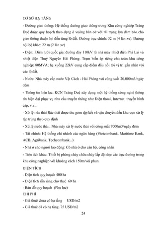 CƠ SỞ HẠ TẦNG
- Đường giao thông: Hệ thống đường giao thông trong Khu công nghiệp Tràng
Duệ được quy hoạch theo dạng ô vuông bàn cờ với tải trọng lớn đảm bảo cho
giao thông thuận lợi đến từng lô đất. Đường trục chính: 32 m (4 làn xe). Đường
nội bộ khác: 22 m (2 làn xe)
- Điện: Điện lưới quốc gia: đường dây 110kV từ nhà máy nhiệt điện Phả Lại và
nhiệt điện Thuỷ Nguyên Hải Phòng. Trạm biến áp riêng cho toàn khu công
nghiệp: 80MVA; hạ xuống 22kV cung cấp điểm đấu nối tới vị trí gần nhất với
các lô đất.
- Nước: Nhà máy cấp nước Vật Cách - Hải Phòng với công suất 20.000m3/ngày
đêm
- Thông tin liên lạc: KCN Tràng Duệ xây dựng một hệ thống công nghệ thông
tin hiện đại phục vụ nhu cầu truyền thông như Điện thoai, Internet, truyền hình
cáp, v.v..
- Xử lý: rác thải Rác thải được thu gom tập kết và vận chuyển đến khu vực xử lý
tập trung theo quy định
- Xử lý nước thải: Nhà máy xử lý nước thải với công suất 7000m3/ngày đêm
- Tài chính: Hệ thống chi nhánh các ngân hàng (Vietcombank, Maritime Bank,
ACB, Agribank, Techcombank...)
- Nhà ở cho người lao động: Có nhà ở cho cán bộ, công nhân
- Tiện tích khác: Thiết bị phòng cháy chữa cháy lắp đặt dọc các trục đường trong
khu công naghiệp với khoảng cách 150m/vòi phun.
DIỆN TÍCH
- Diện tích quy hoạch 400 ha
- Diện tích sẵn sàng cho thuê 60 ha
- Bản đồ quy hoạch (Phụ lục)
CHI PHÍ
- Giá thuê chưa có hạ tầng USD/m2
- Giá thuê đã có hạ tầng 75 USD/m2
24
 