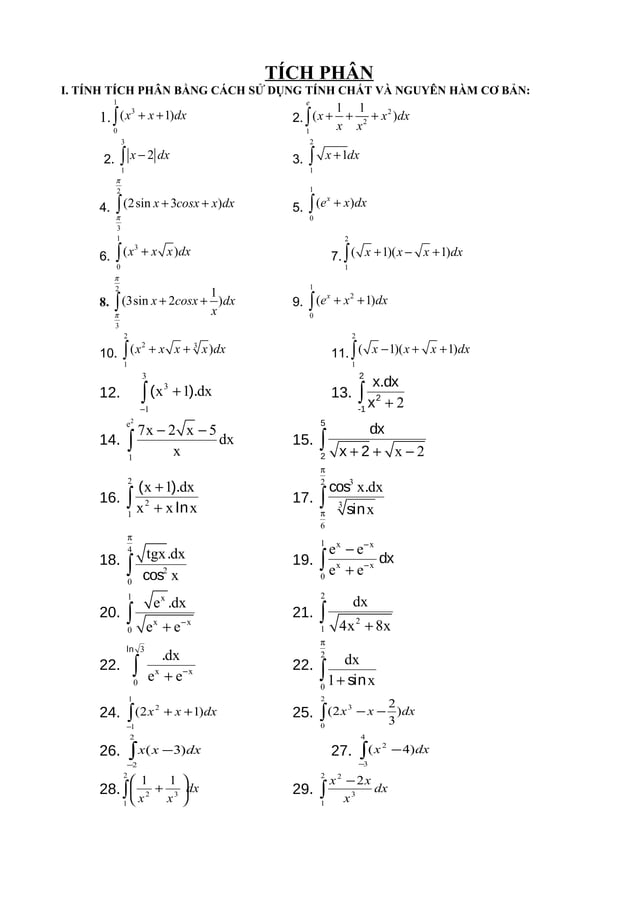 Bai tap nguyen ham tich phan | DOC
