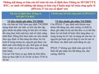 Tài sản cố định theo Thông tư
107/2017/TT-BTC
Chuẩn mực kế toán công quốc tế (IPSAS) 17
Về tiêu chuẩn ghi nhận TSCĐHH:
Các văn bản tại Việt Nam quy định TSCĐHH
mang hình thái vật chất, có kết cấu độc lập,
gồm nhiều bộ phận riêng lẻ liên kết với nhau
để cùng thực hiện một hay một số chức năng
nhất định. Đồng thời thỏa mãn các tiêu chuẩn
theo quy định về khả năng thu được lợi ích
kinh tế trong tương lai, nguyên giá được xác
định một cách đáng tin cậy, thời gian sử dụng
trên 1 năm và có giá trị lớn theo quy định
hiện hành.
Còn tại Việt Nam có quy định tại thời điểm
hiện tại theo QĐ 32 là 10 trđ và theo TT45 là
30 trđ
Về tiêu chuẩn ghi nhận TSCĐHH:
Còn IPSAS 17 quy định một khoản mục
thuộc bất động sản, nhà xưởng và thiết bị
được ghi nhận là tài sản khi đơn vị có thể thu
được lợi ích kinh tế hoặc tiềm tàng phục vụ
trong tương lai từ việc sử dụng tài sản này và
nguyên giá hoặc giá trị hợp lý của tài sản có
thể được xác định một cách đáng tin cậy.
IPSAS 17 không quy định mức giá trị tối
thiểu để ghi nhận cho bất động sản, nhà
xưởng, thiết bị
Những nội dung cơ bản của kế toán tài sản cố định theo Thông tư 107/2017/TT-
BTC, so sánh với những nội dung cơ bản của Chuẩn mực kế toán công quốc tế
(IPSAS) 17 tài sản cố định? (tt)
 