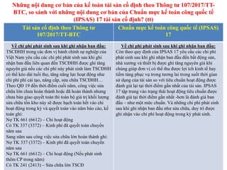 Tài sản cố định theo Thông tư
107/2017/TT-BTC
Chuẩn mực kế toán công quốc tế (IPSAS)
17
Về chi phí phát sinh sau khi ghi nhận ban đầu:
TSCĐHH trong các đơn vị hành chính sự nghiệp của
Việt Nam yêu cầu các chi phí phát sinh sau khi ghi
nhận ban đầu liên quan đến TSCĐHH được ghi tăng
nguyên giá nếu các chi phí này phát sinh làm TSCĐHH
có thể kéo dài tuổi thọ, tăng năng lực hoạt động như
chi phí phí cải tạo, nâng cấp, sửa chữa TSCĐHH…
Theo QĐ 19 đến thời điểm cuối năm, công việc sửa
chữa lớn chưa hoàn thành hoặc đã hoàn thành nhưng
chưa bàn giao quyết toán thì toàn bộ giá trị khối lượng
sửa chữa tồn kho này sẽ được hạch toán hết vào chi
hoạt động trong kỳ và quyết toán vào năm báo cáo, kế
toán ghi:
Nợ TK 661 (6612) – Chi hoạt động
Có TK 337 (3372) – Kinh phí đã quyết toán chuyển
năm sau
Sang năm sau công việc sửa chữa lớn hoàn thành ghi:
Nợ TK 337 (3372) – Kinh phí đã quyết toán chuyển
năm sau
Nợ TK 661 (6612) – Chi hoạt động (Nếu phát sinh
thêm CP trong năm)
Có TK 241 (2413) – Sửa chữa lớn TSCĐ
Về chi phí phát sinh sau khi ghi nhận ban đầu:
Còn theo quy định của IPSAS 17 yêu cầu các chi phí
phát sinh sau khi ghi nhận ban đầu đến bất động sản,
nhà xưởng và thiết bị được ghi tăng nguyên giá khi
chúng giúp đơn vị có thể thu được lợi ích kinh tế hay
tiềm tàng phục vụ trong tương lai trong suốt thời gian
sử dụng của tài sản so với tiêu chuẩn hoạt động được
đánh giá lại tại thời điểm gần nhất của tài sản. IPSAS
17 tập trung vào trạng thái hoạt động tiêu chuẩn được
đánh giá tại thời điểm gần nhất -hơn là đánh giá ban
đầu – như một mức chuẩn. Và những chi phí phát sinh
sau khi ghi nhận ban đầu như sửa chữa, duy trì được
ghi nhận vào chi phí hoạt động trong kỳ phát sinh.
Những nội dung cơ bản của kế toán tài sản cố định theo Thông tư 107/2017/TT-
BTC, so sánh với những nội dung cơ bản của Chuẩn mực kế toán công quốc tế
(IPSAS) 17 tài sản cố định? (tt)
 