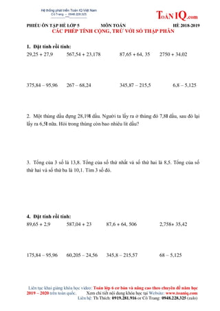 Bài tập on he toán lớp 5 lên 6 hay