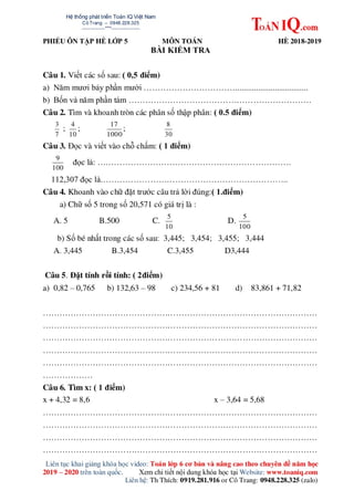Bài tập on he toán lớp 5 lên 6 hay