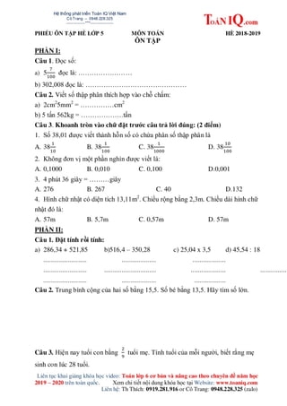Bài tập on he toán lớp 5 lên 6 hay