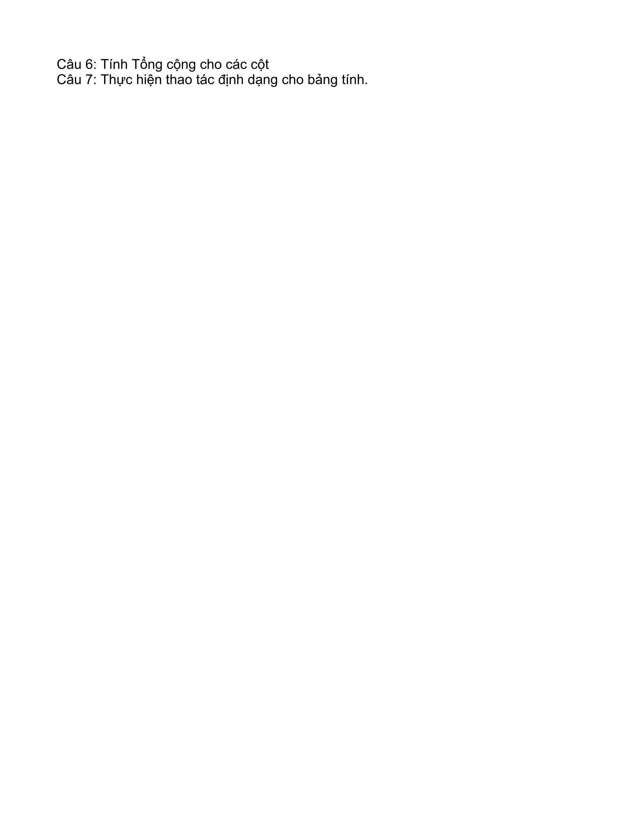 Câu 6: Tính Tổng cộng cho các cột
Câu 7: Thực hiện thao tác định dạng cho bảng tính.
 