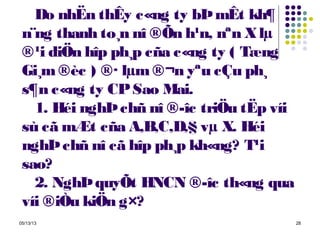 05/13/13 28
Do nhËn thÊy c«ng ty bÞmÊt kh¶
n¨ng thanh to¸n nî ®Õn h¹n, nªn Xlµ
®¹i diÖn hîp ph¸p cña c«ng ty ( Tæng
Gi¸m®èc ) ®· lµm®¬n yªu cÇu ph¸
s¶n c«ng ty CPSao Mai.
1. Héi nghÞchñ nî ®­îc triÖu tËp víi
sù cã mÆt cña A,B,C,D,§ vµ X. Héi
nghÞchñ nî cã hîp ph¸p kh«ng? T¹i
sao?
2. NghÞquyÕt HNCN ®­îc th«ng qua
víi ®iÒu kiÖn g×?
 