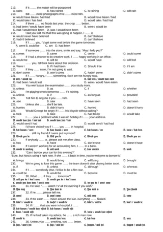 212. If it ……, the match will be postponed
A. rains B. has rained C. is raining D. will rain
213. Bill …… more photographs if he …… more film.
A. would have taken / had had B. would have taken / had
C. would take / has had D. would take / had had
214. If there …… no floods last year, the crop …… better.
A. had been / would have been B. were / would be
C. had / would have been D. was / would have been
215. Had you told me that this was going to happen, I …… it.
A. would never have believed B. don’t believe
C. hadn’t believed D. can’t believe
216. If I …… you, I’d get some rest before the game tomorrow.
A. were B. could be C. am D. had been
217. If someone …… into the store, smile and say, “May I help you?”
A. comes B. came C. come D. could come
218. If I had a chance to do creative work, I …… happy working in an office.
A. would be B. will be C. would have D. will feel
219. …… you, I’d think twice about that decision.
A. Were I B. If I had been C. Should I be D. If I am
220. If they …… soon, I’m not going to wait.
A. don’t come B. won’t come C. hadn’t come D. didn’t come
221. If I …… hungry, I …… something. But I am not hungry now.
A were / would eat. B. had been / would have eaten
C. had been / would eat D. were / would have eaten
222. You won’t pass the examination …… you study more.
A. unless B. as C. if D. whether
223. I’m playing tennis tomorrow …… it’s raining.
A. unless B. if C. as long as D. provided
224. Tell him to ring me if you …… him.
A. see B. saw C. have seen D. had seen
225. Unless she ……, she’ll be late.
A. hurries B. didn’t hurry C. hurried D. doesn’t hurry
226. Would George be angry if I …… his bicycle without asking?
A. took B. take C. had taken D. would take
227. I …… you a postcard while I was on holiday if I …… your address.
A. would have sent / had had B. would have sent / had
C. would send / had D. would send / had had
228. I’d have visited you if I …… you …… in hospital.
A. had known / were B. have known / were C. had known / are D. knew / had been
229. …… still my friend if I were put in prison?
A. Would you be B. Will you be C. Would you D. Would you are
230. If anybody …… a , please ask me after class.
A. has B. have C. don’t have D. doesn’t have
231. If I weren’t working for an accounting firm, I …… in a bank.
A. would be working B. will work C. have worked D. work
232. “Can I borrow your car for this evening?”
“Sure, but Nora’s using it right now. If she …… it back in time, you’re welcome to borrow it.”
A. brings B. would bring C. will bring D. brought
233. We’re going to lose this game …… the team doesn’t start playing better soon.
A. if B. unless C. although D. whereas
234. If I …… somebody else, I’d like to be a film star.
A. could be B. would be C. become D. must be
235. 30. What …… if they …… tomorrow?
A. will you do / don’t come B. would you do / don’t come
C. would you have done / won’t come D. do you do / won’t come
236. 31. He said, “…… watch TV all the evening if you wish.”
A. You may B. You have to C. You need to D. You should
237. 32. If he ……, please tell me.
A. comes B. won’t come C. will come D. come
238. 33. If the earth …… move around the sun, everything …… floated.
A. didn’t / would be B. doesn’t / would be C. didn’t / will be D. don’t / would be
239. 34. If I …… that you were in hospital, I ……
A. had known / would have visited B. had known / would visit
C. knew / would visit D. knew / would have visited
240. 35. If he had taken my advice, he …… a rich man now.
A. would be B. would have been C. had been D. were
241. 36. Unless you …… smoking, you …… better.
A. stop / won’t feel B. stop / will feel C. stopped / will feel D. stopped / would feel
 