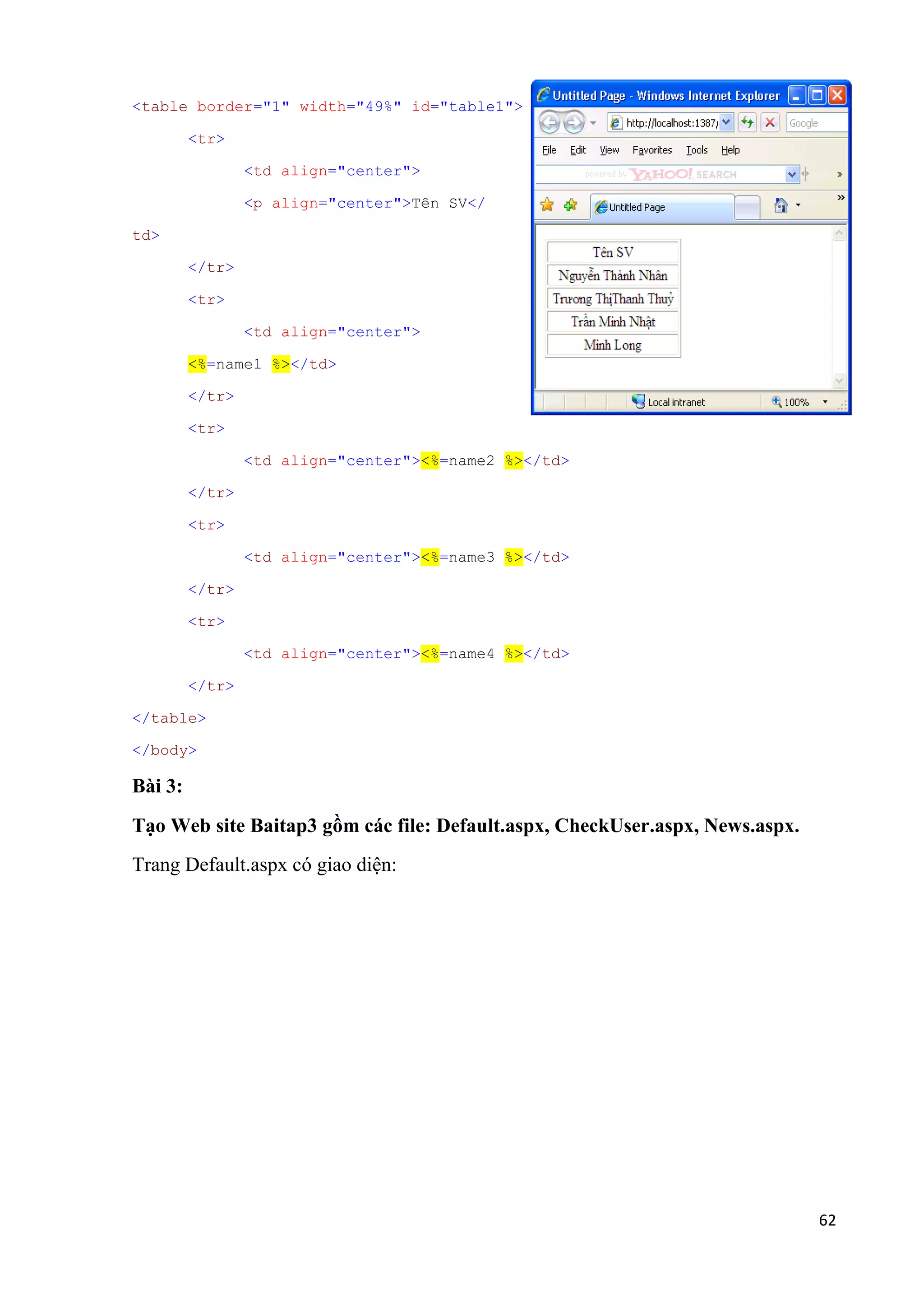 62 
<table border="1" width="49%" id="table1"> 
<tr> 
<td align="center"> 
<p align="center">Tên SV</ 
td> 
</tr> 
<tr> 
<td align="center"> 
<%=name1 %></td> 
</tr> 
<tr> 
<td align="center"><%=name2 %></td> 
</tr> 
<tr> 
<td align="center"><%=name3 %></td> 
</tr> 
<tr> 
<td align="center"><%=name4 %></td> 
</tr> 
</table> 
</body> 
Bài 3: 
Tạo Web site Baitap3 gồm các file: Default.aspx, CheckUser.aspx, News.aspx. 
Trang Default.aspx có giao diện: 
 
