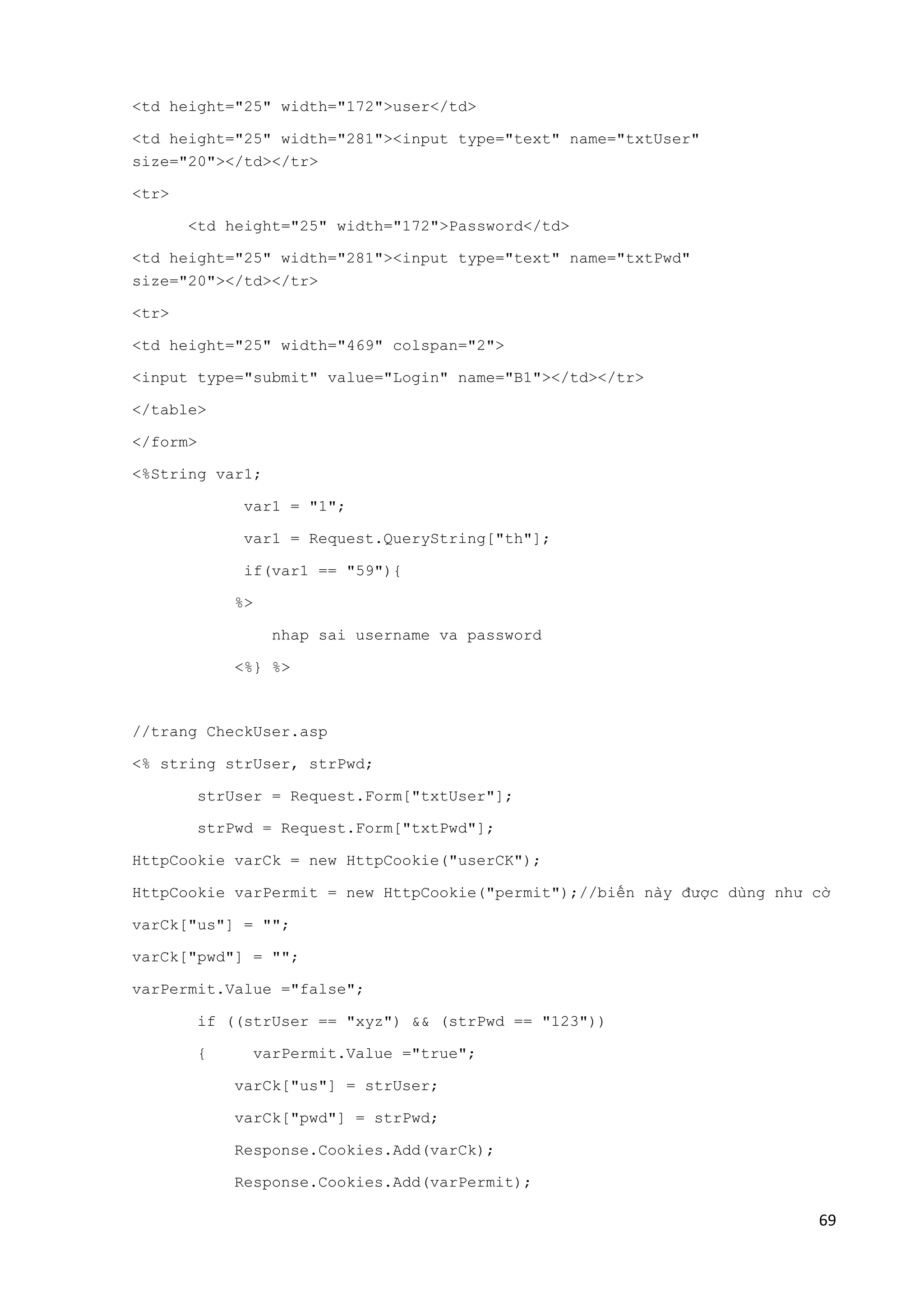 69 
<td height="25" width="172">user</td> 
<td height="25" width="281"><input type="text" name="txtUser" 
size="20"></td></tr> 
<tr> 
<td height="25" width="172">Password</td> 
<td height="25" width="281"><input type="text" name="txtPwd" 
size="20"></td></tr> 
<tr> 
<td height="25" width="469" colspan="2"> 
<input type="submit" value="Login" name="B1"></td></tr> 
</table> 
</form> 
<%String var1; 
var1 = "1"; 
var1 = Request.QueryString["th"]; 
if(var1 == "59"){ 
%> 
nhap sai username va password 
<%} %> 
//trang CheckUser.asp 
<% string strUser, strPwd; 
strUser = Request.Form["txtUser"]; 
strPwd = Request.Form["txtPwd"]; 
HttpCookie varCk = new HttpCookie("userCK"); 
HttpCookie varPermit = new HttpCookie("permit");//biến này được dùng như cờ 
varCk["us"] = ""; 
varCk["pwd"] = ""; 
varPermit.Value ="false"; 
if ((strUser == "xyz") && (strPwd == "123")) 
{ varPermit.Value ="true"; 
varCk["us"] = strUser; 
varCk["pwd"] = strPwd; 
Response.Cookies.Add(varCk); 
Response.Cookies.Add(varPermit); 
 