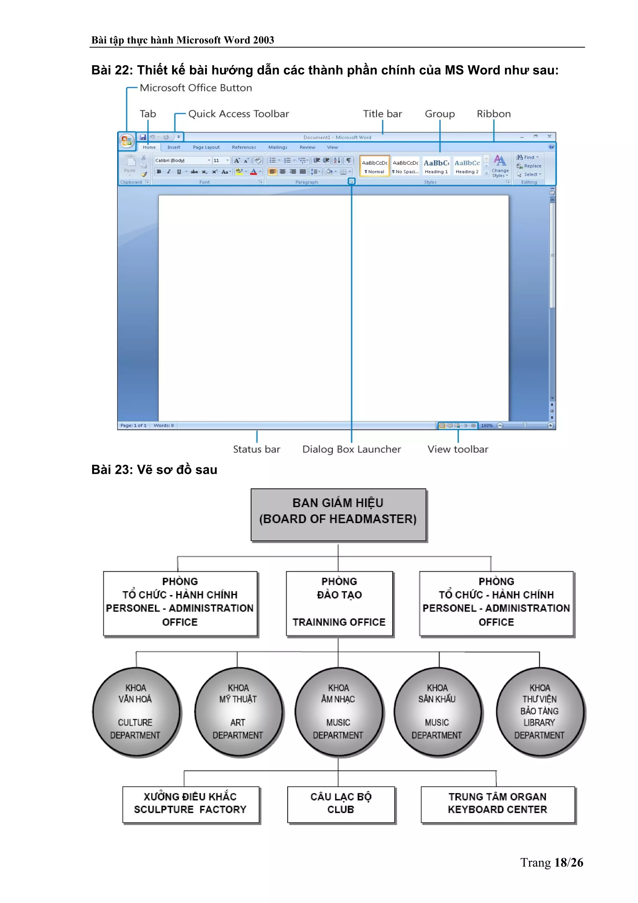 Bài tập thực hành Microsoft Word 2003
Trang 18/26
Bài 22: Thiết kế bài hướng dẫn các thành phần chính của MS Word như sau:
Bài 23: Vẽ sơ đồ sau
 