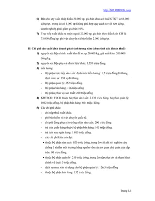 http://KILOBOOK.com


      6) Bán cho cty xuất nhập khẩu 30.000 sp, giá bán chưa có thuế GTGT là 64.000
          đồng/sp.. trong đó có 1.000 sp không phù hợp quy cách so với hợp đồng,
          doanh nghiệp phải giảm giá bán 10%.
      7) Trực tiếp xuất khẩu ra nước ngoài 20.000 sp, gia bán theo điều kiện CIF là
          75.000 đồng/sp. phí vận chuyển và bảo hiểm 2.000 đồng/sp.


II/ Chi phí sản xuất kinh doanh phát sinh trong năm (chưa tính các khoản thuế)
      1) nguyên vật liệu chính: xuất kho để sx sp 20.400 kg, giá xuất kho: 200.000
          đồng/kg.
      2) nguyên vật liệu phụ và nhiên liệu khác: 1.520 triệu đồng.
      3) tiền lương:
          -    Bộ phận trực tiếp sản xuất: định mức tiền lương: 1,5 triệu đồng/lđ/tháng,
               định mức sx: 150 sp/ld/tháng.
          -    Bộ phận quản lý: 352 triệu đồng.
          -    Bộ phận bán hàng. 106 triệu đồng
          -    Bộ phận phục vụ sản xuất: 200 triệu đồng
      4) KHTSCD: TSCD thuộc bộ phận sản xuất: 2.130 triệu đồng, bộ phận quản lý:
          1012 triệu đồng, bộ phận bán hàng: 604 triệu đồng.
      5) Các chi phí khác:
          -    chi nộp thuế xuất khẩu.
          -    phí bảo hiểm và vận chuyển quốc tế.
          -    chi phí đồng phục cho công nhân sản xuất: 200 triệu đồng
          -    trả tiền quầy hàng thuộc bộ phận bán hàng: 105 triệu đồng.
          -    trả tiền vay ngân hàng: 1.015 triệu đồng.
          -    các chi phí khác còn lại:
               thuộc bộ phận sản xuất: 920 triệu đồng, trong đó chi phí về nghiên cứu
               chống ô nhiễm môi trường bằng nguồn vốn của cơ quan chủ quản của cấp
               trên: 90 triệu đồng.
               thuộc bộ phận quản lý: 210 triệu đồng, trong đó nộp phạt do vi phạm hành
               chính về thuế: 3 triệu đồng.
          -    dịch vụ mua vào sử dụng cho bộ phận quản lý: 126,5 triệu đồng
          -    thuộc bộ phận bán hàng: 132 triệu đồng.




                                                                                 Trang 12
 
