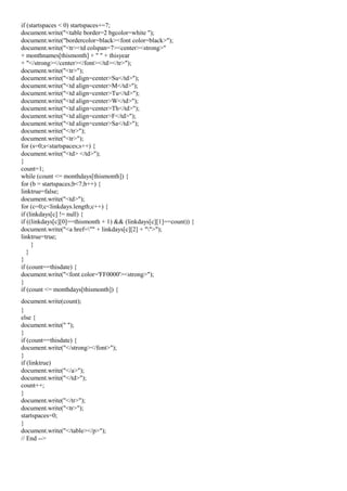 if (startspaces < 0) startspaces+=7;
document.write("<table border=2 bgcolor=white ");
document.write("bordercolor=black><font color=black>");
document.write("<tr><td colspan=7><center><strong>"
+ monthnames[thismonth] + " " + thisyear
+ "</strong></center></font></td></tr>");
document.write("<tr>");
document.write("<td align=center>Su</td>");
document.write("<td align=center>M</td>");
document.write("<td align=center>Tu</td>");
document.write("<td align=center>W</td>");
document.write("<td align=center>Th</td>");
document.write("<td align=center>F</td>");
document.write("<td align=center>Sa</td>");
document.write("</tr>");
document.write("<tr>");
for (s=0;s<startspaces;s++) {
document.write("<td> </td>");
}
count=1;
while (count <= monthdays[thismonth]) {
for (b = startspaces;b<7;b++) {
linktrue=false;
document.write("<td>");
for (c=0;c<linkdays.length;c++) {
if (linkdays[c] != null) {
if ((linkdays[c][0]==thismonth + 1) && (linkdays[c][1]==count)) {
document.write("<a href="" + linkdays[c][2] + "">");
linktrue=true;
}
}
}
if (count==thisdate) {
document.write("<font color='FF0000'><strong>");
}
if (count <= monthdays[thismonth]) {
document.write(count);
}
else {
document.write(" ");
}
if (count==thisdate) {
document.write("</strong></font>");
}
if (linktrue)
document.write("</a>");
document.write("</td>");
count++;
}
document.write("</tr>");
document.write("<tr>");
startspaces=0;
}
document.write("</table></p>");
// End -->
 