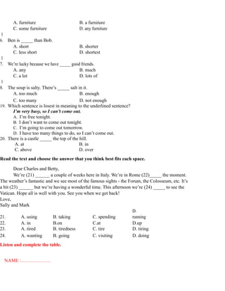 A. furniture B. a furniture
C. some furniture D. any furniture
1
6. Ben is _____ than Bob.
A. short B. shorter
C. less short D. shortest
1
7. We’re lucky because we have _____ good friends.
A. any B. much
C. a lot D. lots of
1
8. The soup is salty. There’s _____ salt in it.
A. too much B. enough
C. too many D. not enough
19. Which sentence is losest in meaning to the underlined sentence?
I’m very busy, so I can’t come out.
A. I’m free tonight.
B. I don’t want to come out tonight.
C. I’m going to come out tomorrow.
D. I have too many things to do, so I can’t come out.
20. There is a castle _____ the top of the hill.
A. at B. in
C. above D. over
Read the text and choose the answer that you think best fits each space.
Dear Charles and Betty,
We’re (21) ______ a couple of weeks here in Italy. We’re in Rome (22)_____ the moment.
The weather’s fantastic and we see most of the famous sights - the Forum, the Colosseum, etc. It’s
a bit (23) ______ but we’re having a wonderful time. This afternoon we’re (24) _____ to see the
Vatican. Hope all is well with you. See you when we get back!
Love,
Sally and Mark
21. A. using B. taking C. spending
D.
running
22. A. in B.on C.at D.up
23. A. tired B. tiredness C. tire D. tiring
24. A. wanting B. going C. visiting D. doing
Listen and complete the table.
NAME :……………….
 