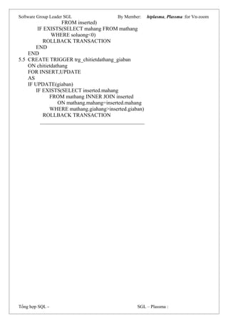 Software Group Leader SGL By Member: htplasma, Plassma :for Vn-zoom
FROM inserted)
IF EXISTS(SELECT mahang FROM mathang
WHERE soluong<0)
ROLLBACK TRANSACTION
END
END
5.5 CREATE TRIGGER trg_chitietdathang_giaban
ON chitietdathang
FOR INSERT,UPDATE
AS
IF UPDATE(giaban)
IF EXISTS(SELECT inserted.mahang
FROM mathang INNER JOIN inserted
ON mathang.mahang=inserted.mahang
WHERE mathang.giahang>inserted.giaban)
ROLLBACK TRANSACTION
_______________________________________
Tổng hợp SQL - SGL – Plassma :
 