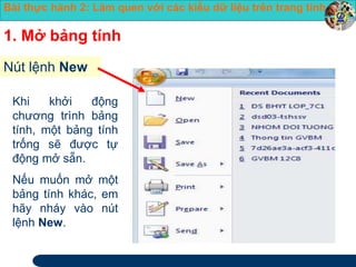 Bài thực hành 2: Làm quen với các kiểu dữ liệu trên trang tính 
1. Mở bảng tính 
Nút lệnh New 
Khi khởi động 
chương trình bảng 
tính, một bảng tính 
trống sẽ được tự 
động mở sẵn. 
Nếu muốn mở một 
bảng tính khác, em 
hãy nháy vào nút 
lệnh New. 
 