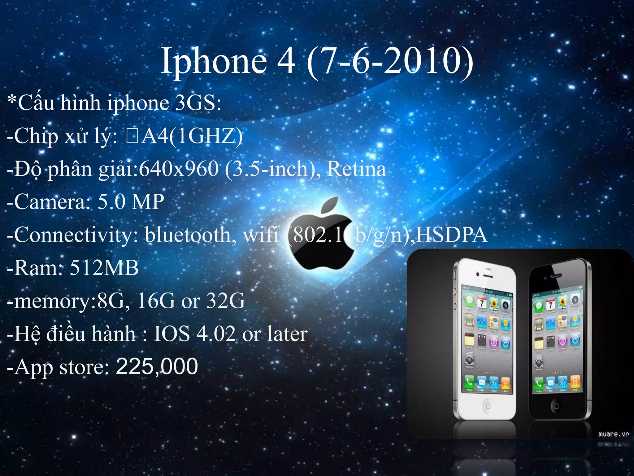 Iphone 4 (7-6-2010)
*Cấu hình iphone 3GS:
-Chip xử lý: A4(1GHZ)
-Độ phân giải:640x960 (3.5-inch), Retina
-Camera: 5.0 MP
-Connectivity: bluetooth, wifi (802.11b/g/n),HSDPA
-Ram: 512MB
-memory:8G, 16G or 32G
-Hệ điều hành : IOS 4.02 or later
-App store: 225,000
 