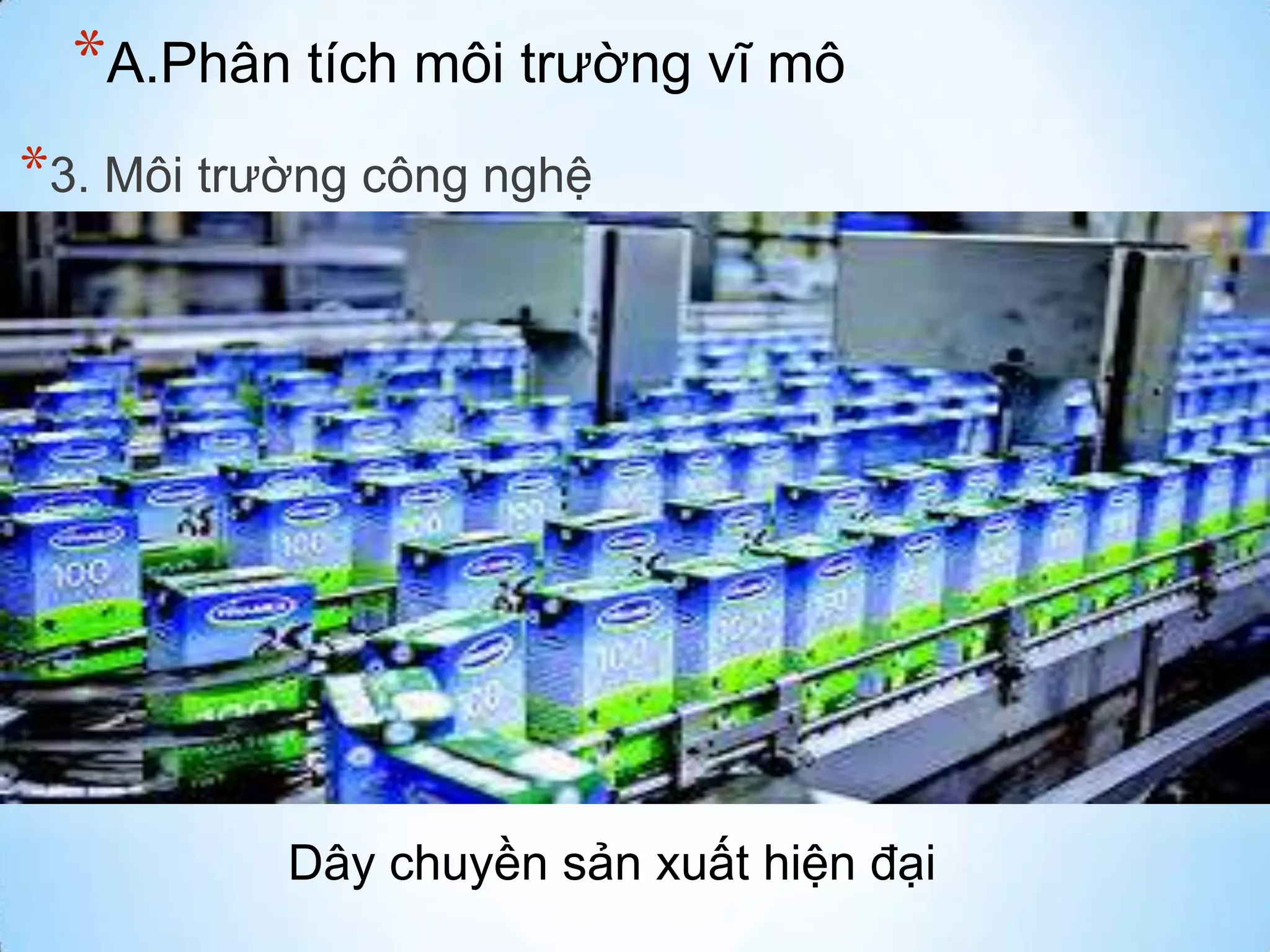 *A.Phân tích môi trường vĩ mô
*3. Môi trường công nghệ

Dây chuyền sản xuất hiện đại

 