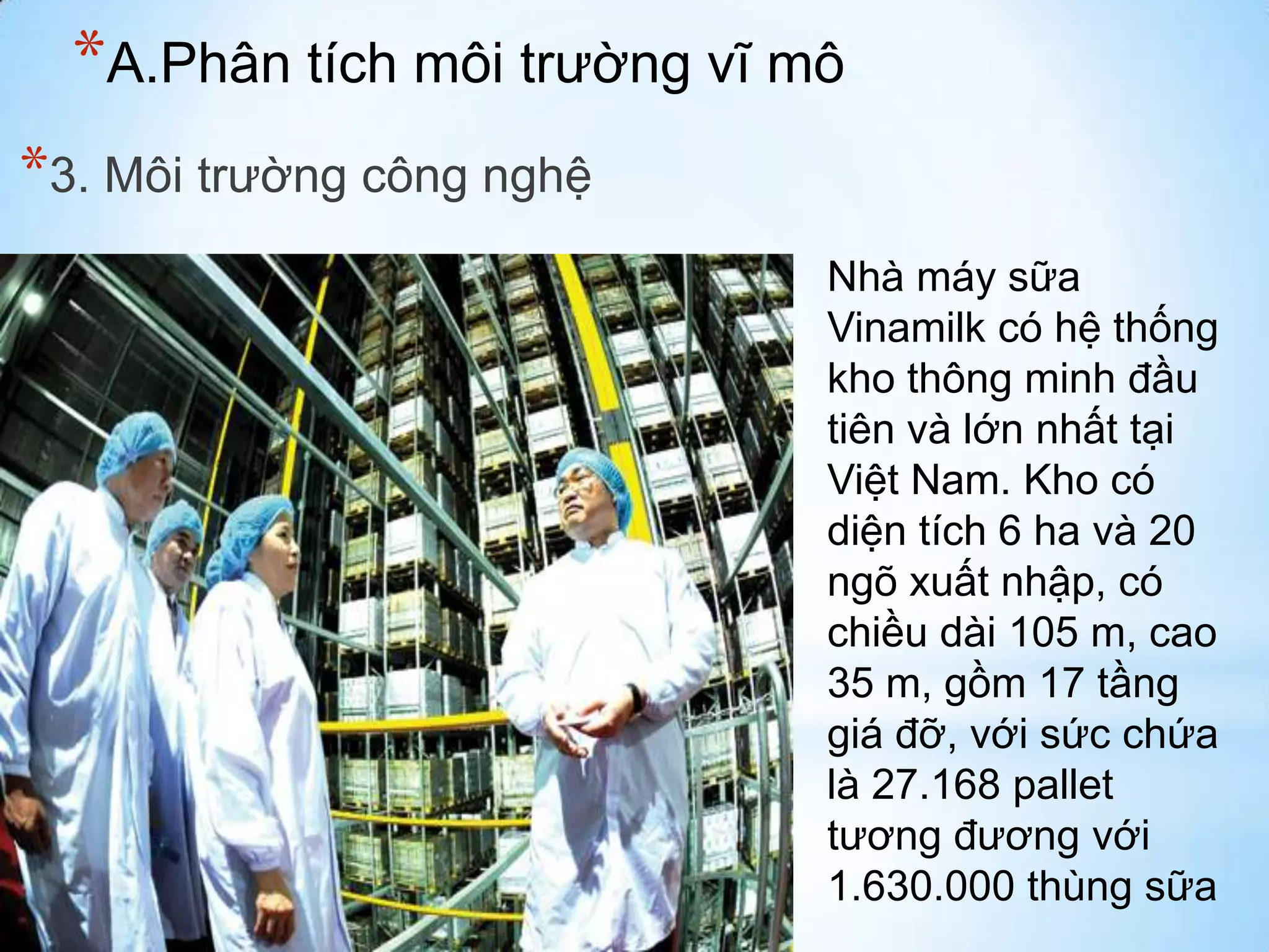 *A.Phân tích môi trường vĩ mô
*3. Môi trường công nghệ
Nhà máy sữa
Vinamilk có hệ thống
kho thông minh đầu
tiên và lớn nhất tại
Việt Nam. Kho có
diện tích 6 ha và 20
ngõ xuất nhập, có
chiều dài 105 m, cao
35 m, gồm 17 tầng
giá đỡ, với sức chứa
là 27.168 pallet
tương đương với
1.630.000 thùng sữa

 