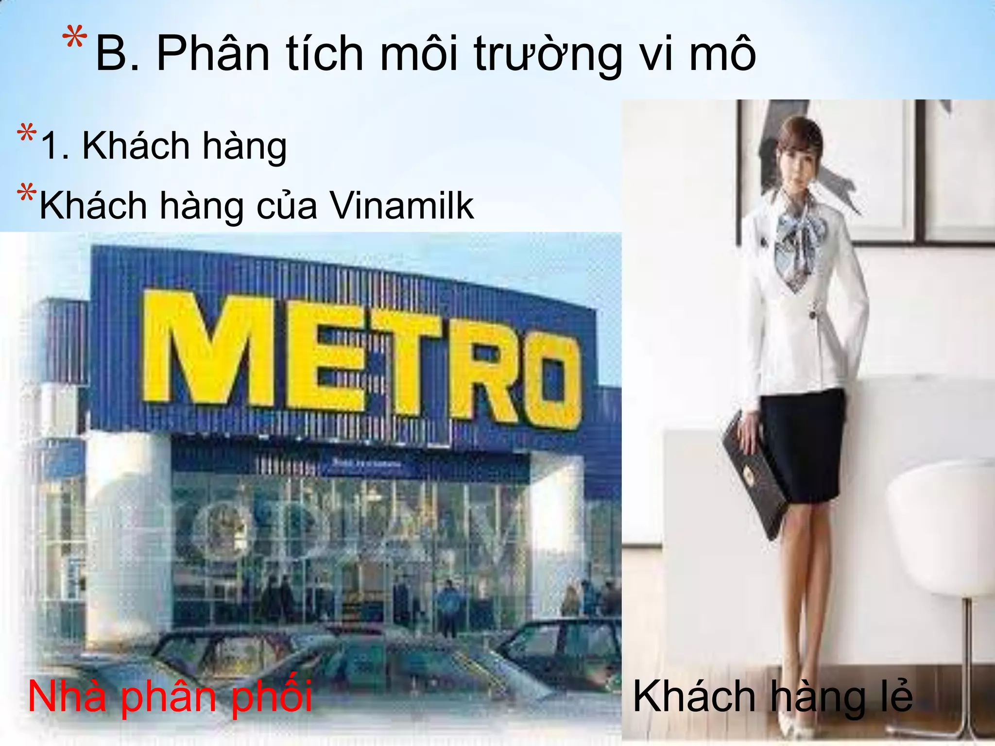 * B. Phân tích môi trường vi mô
*1. Khách hàng
*Khách hàng của Vinamilk

Nhà phân phối

Khách hàng lẻ

 