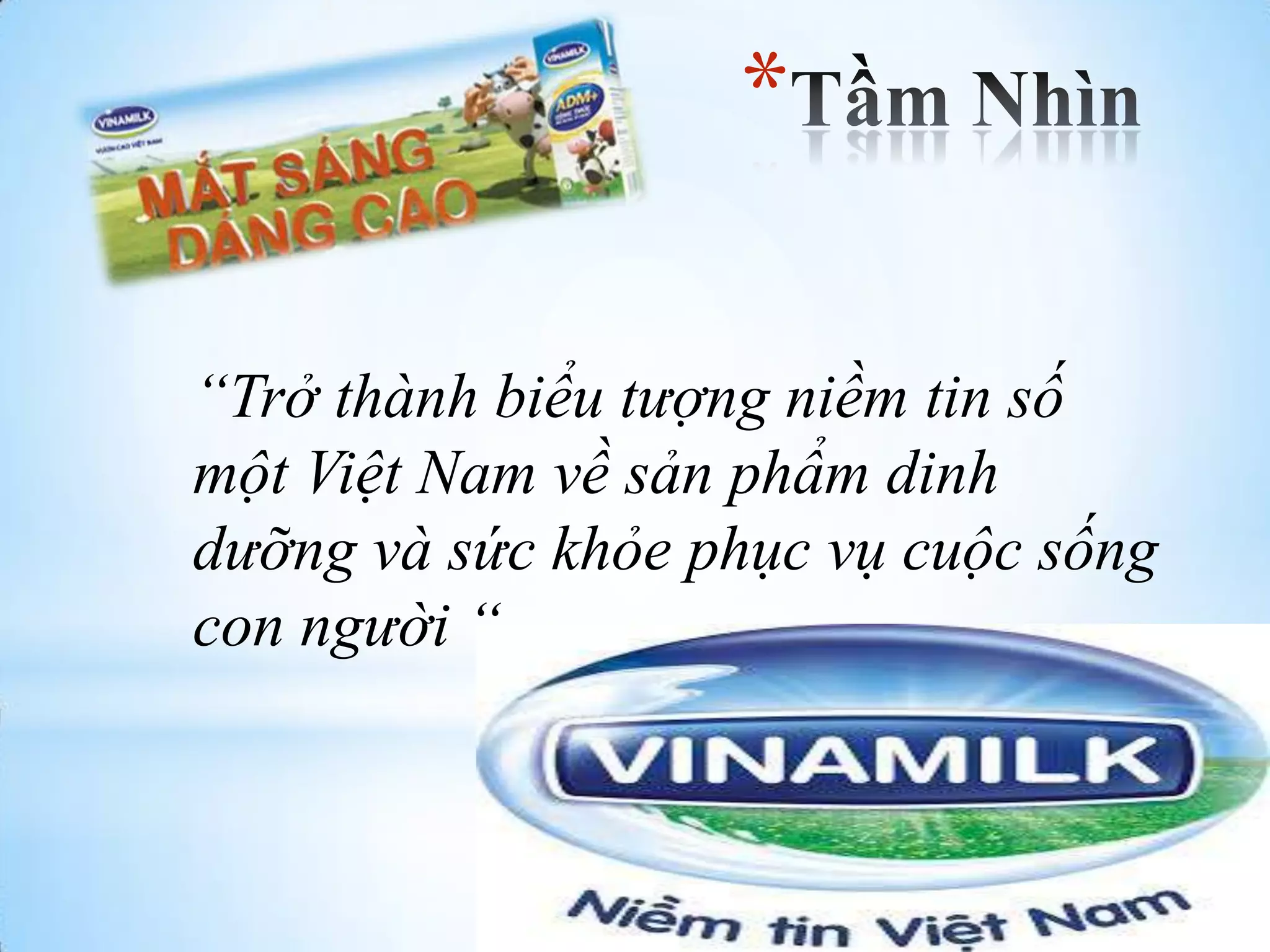*
“Trở thành biểu tượng niềm tin số
một Việt Nam về sản phẩm dinh
dưỡng và sức khỏe phục vụ cuộc sống
con người “

 