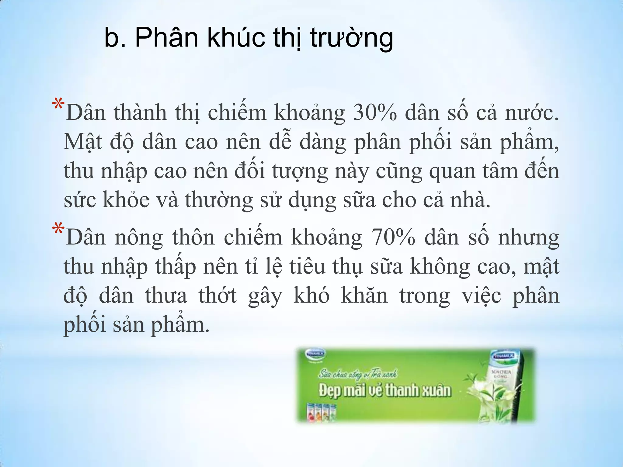 b. Phân khúc thị trường

*Dân thành thị chiếm khoảng 30% dân số cả nƣớc.
Mật độ dân cao nên dễ dàng phân phối sản phẩm,
thu nhập cao nên đối tƣợng này cũng quan tâm đến
sức khỏe và thƣờng sử dụng sữa cho cả nhà.

*Dân nông thôn chiếm khoảng 70% dân số nhƣng
thu nhập thấp nên tỉ lệ tiêu thụ sữa không cao, mật
độ dân thƣa thớt gây khó khăn trong việc phân
phối sản phẩm.

 