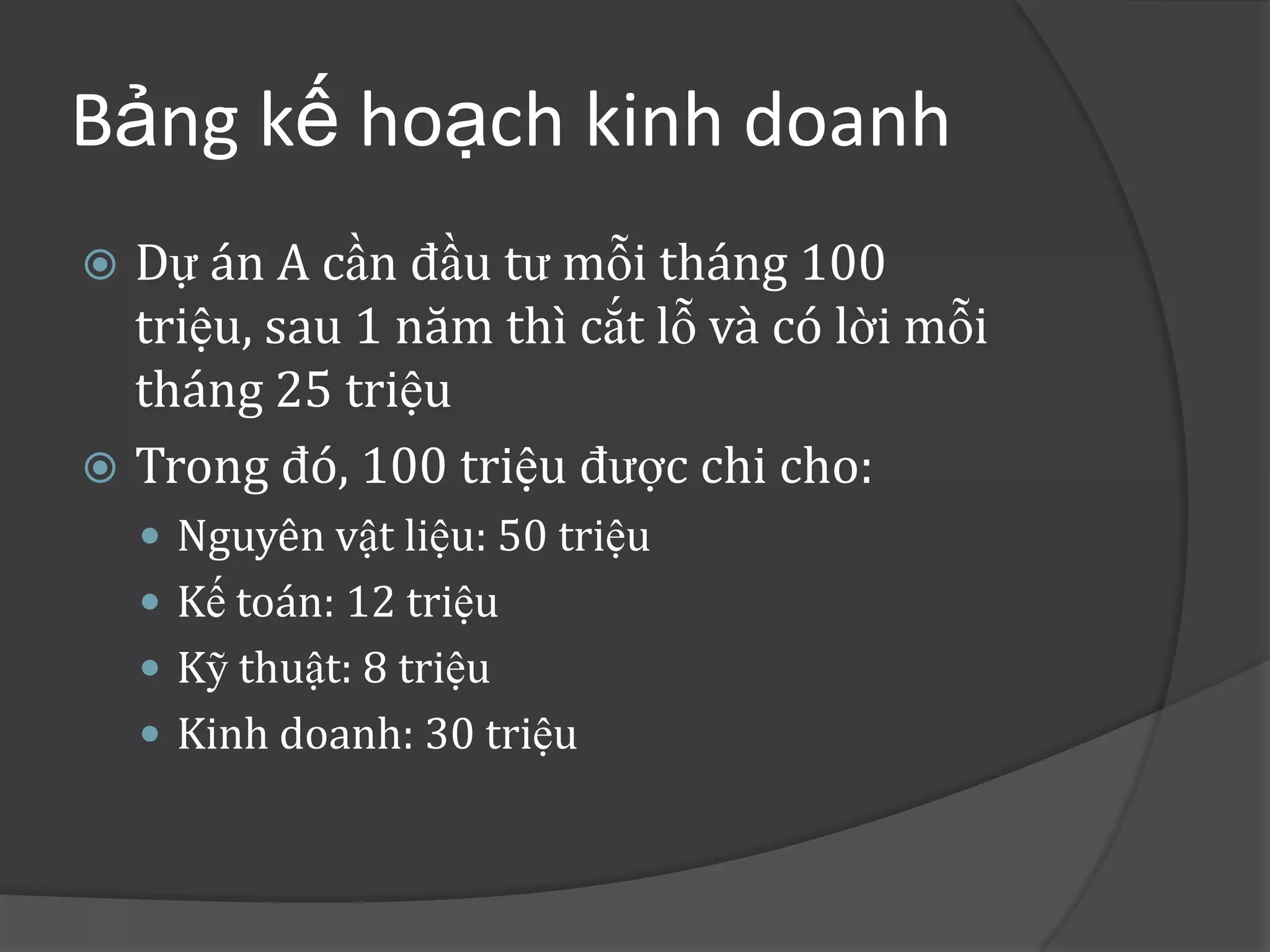 Bảng kế hoạch kinh doanh
 Dự án A cần đầu tư mỗi tháng 100
  triệu, sau 1 năm thì cắt lỗ và có lời mỗi
  tháng 25 triệu
 Trong đó, 100 triệu được chi cho:
     Nguyên vật liệu: 50 triệu
     Kế toán: 12 triệu
     Kỹ thuật: 8 triệu
     Kinh doanh: 30 triệu
 
