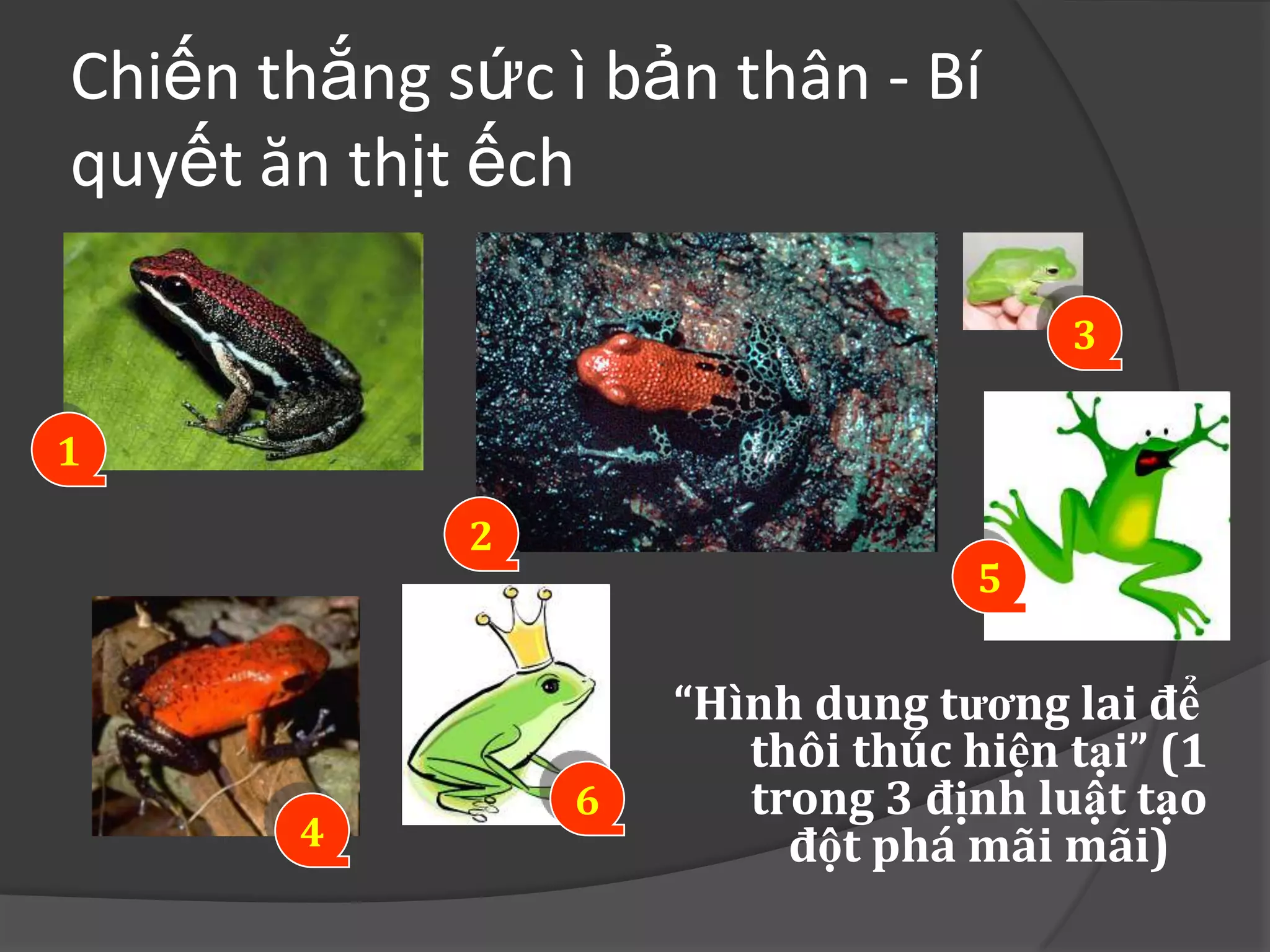 Chiến thắng sức ì bản thân - Bí
quyết ăn thịt ếch

                                       3

1
             2
                                   5


                     “Hình dung tương lai để
                        thôi thúc hiện tại” (1
                 6      trong 3 định luật tạo
       4                  đột phá mãi mãi)
 